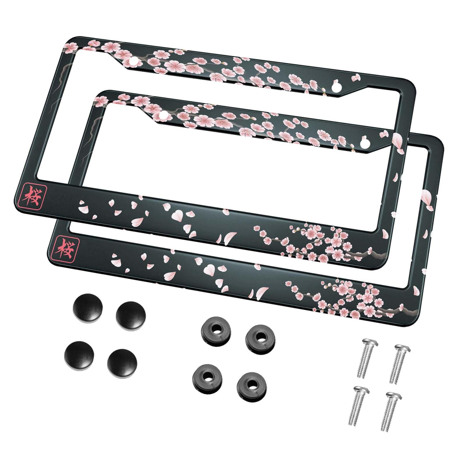 HOSNYE Japan Cherry Branch License Plate Frame Black 2 Pcs Flowers Hieroglyph Sakura Metal Cute Licenses Plates Frames Licenses 