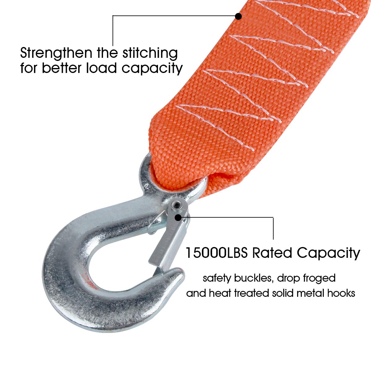 Jchl Tow Strap Heavy Duty With Hooks 2   X20 15,000Lb Recovery Strap 6,8 Tons Towing Strap With Safety Hooks Polyester