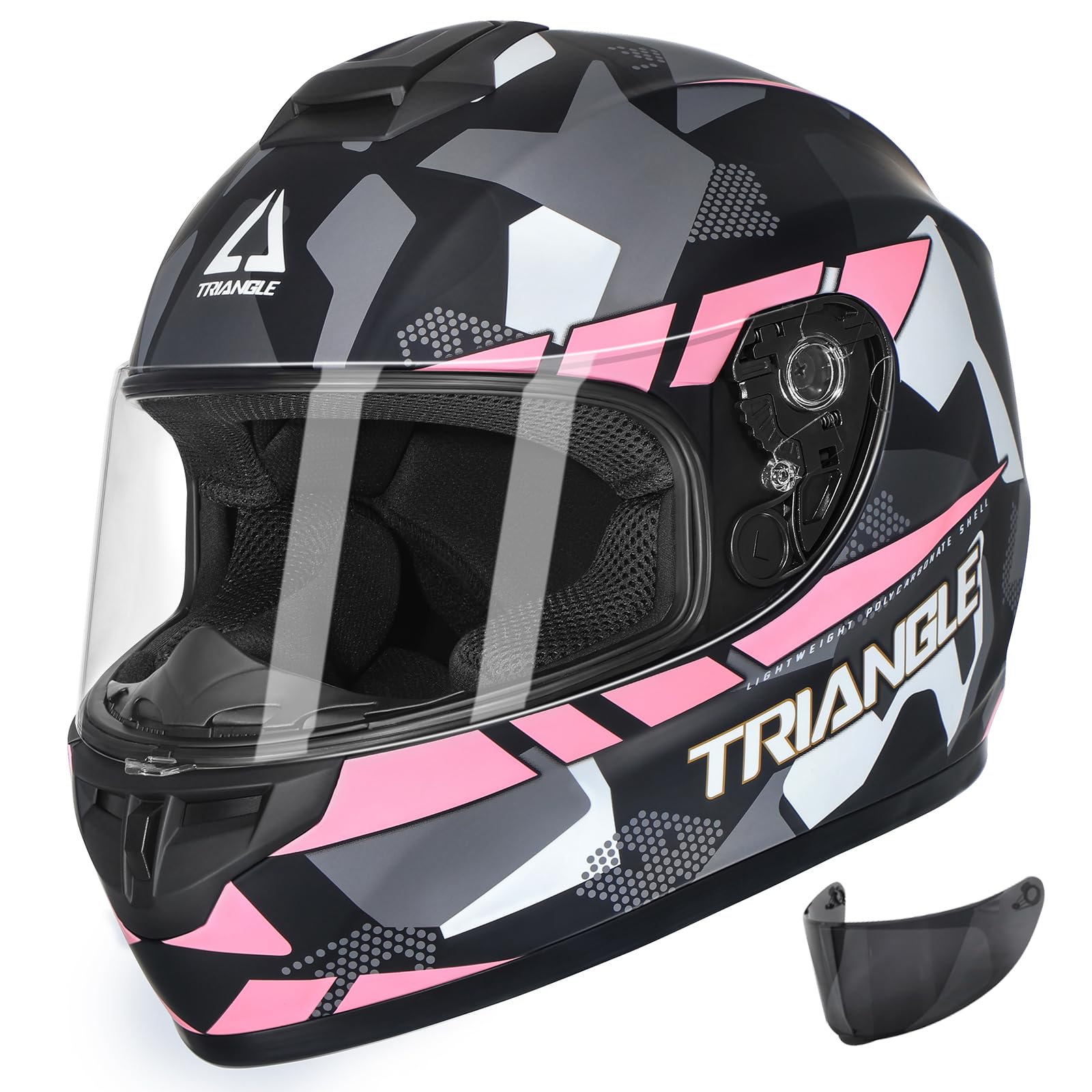 Triangle Motorcycle Helmets Full Face Helmet For Adult Men Women With Tinted And Clear Visor Dot Approved (Pink, X-Large)