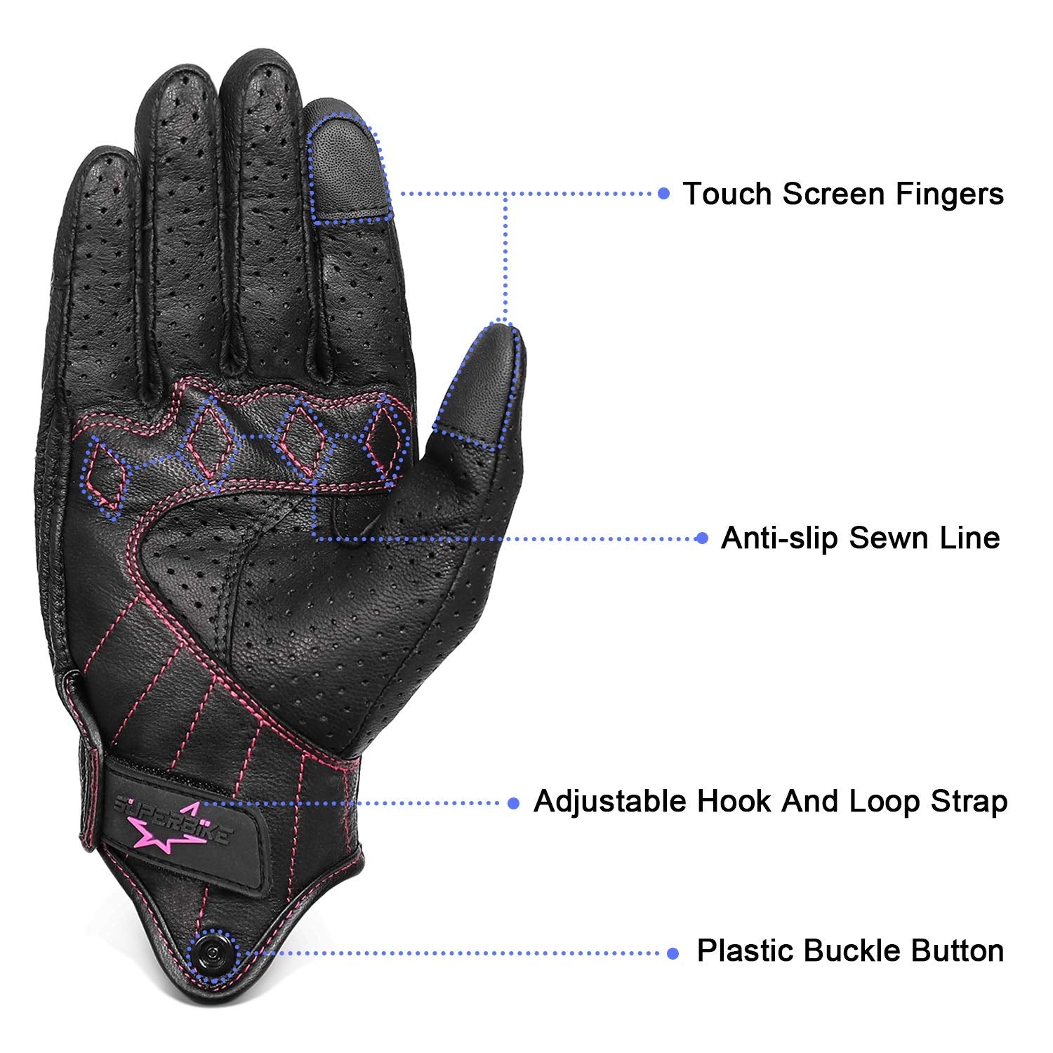 Superbike Women's Motorcycle Gloves, Full Finger, Medium, Black Leather with Rose Line, Model G01-W