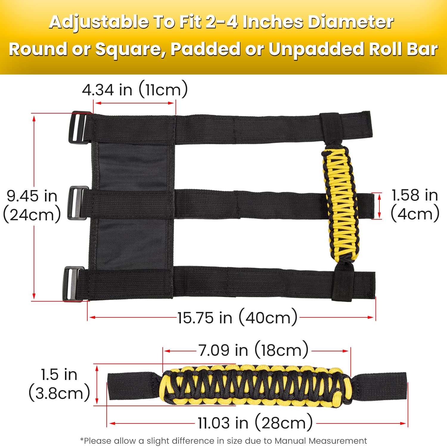E-Cowlboy Roll Bar Grab Handles Grip Handle For Jeep Wrangler Yj Tj Jk Jku Jl Jlu Sports Sahara Freedom Rubicon Unlimited X Gladiator Jt 1955-2023 Utv Atv Premium Paracord (Yellow 2 Pack)