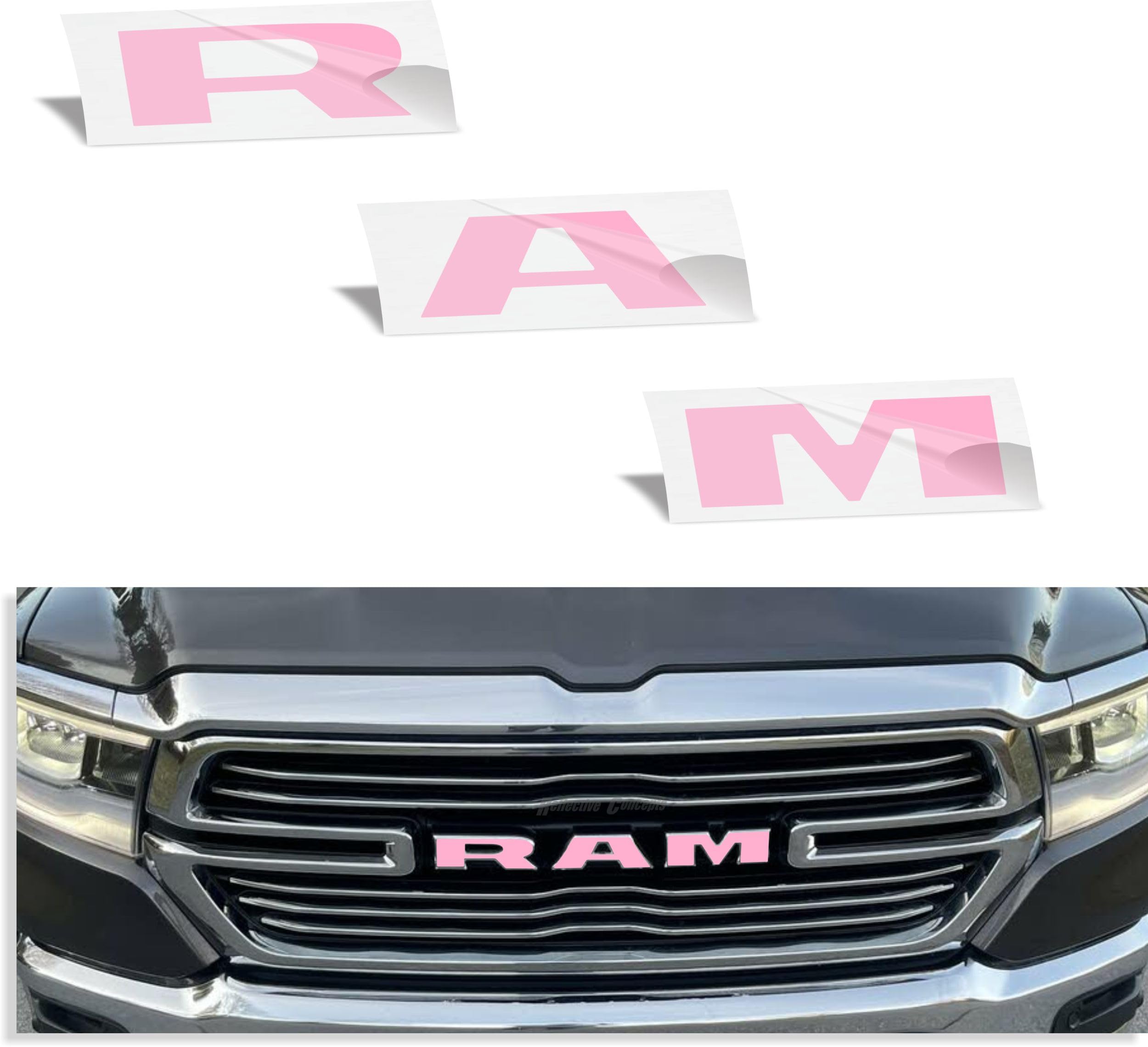 Reflective Concepts RAM Grille Emblem Overlay Decal 2019-2024 Ram 1500, NOT for Classic or TRX (Color: Pink)