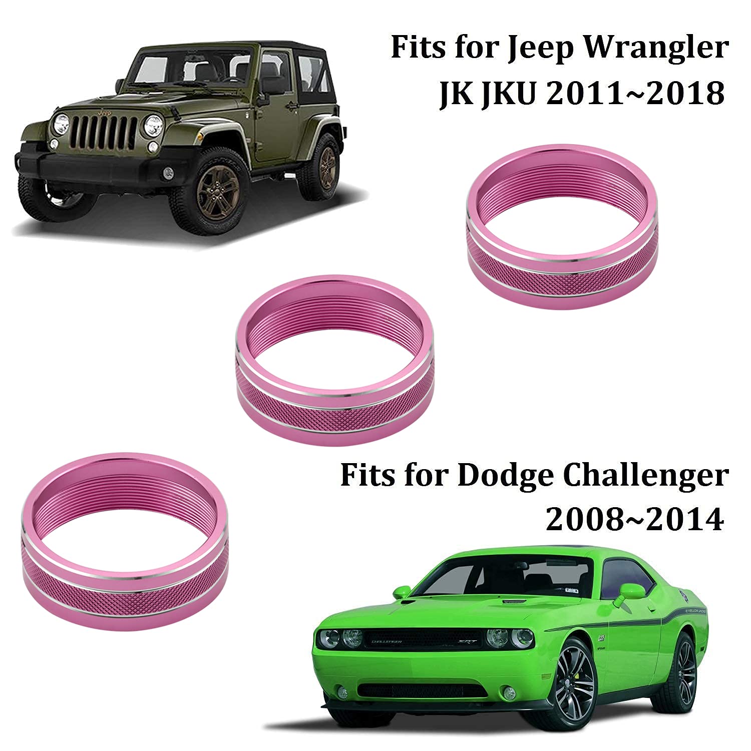 Ac Climate Control Knob Ring Air Conditioner Switch Volume Cover Compatible With 2011-2017 Jeep Wrangler Jk Jku/Dodge Challenger 2008-2014 Interior Conditioning Accessories Trim (3Pcs/Set, Pink)