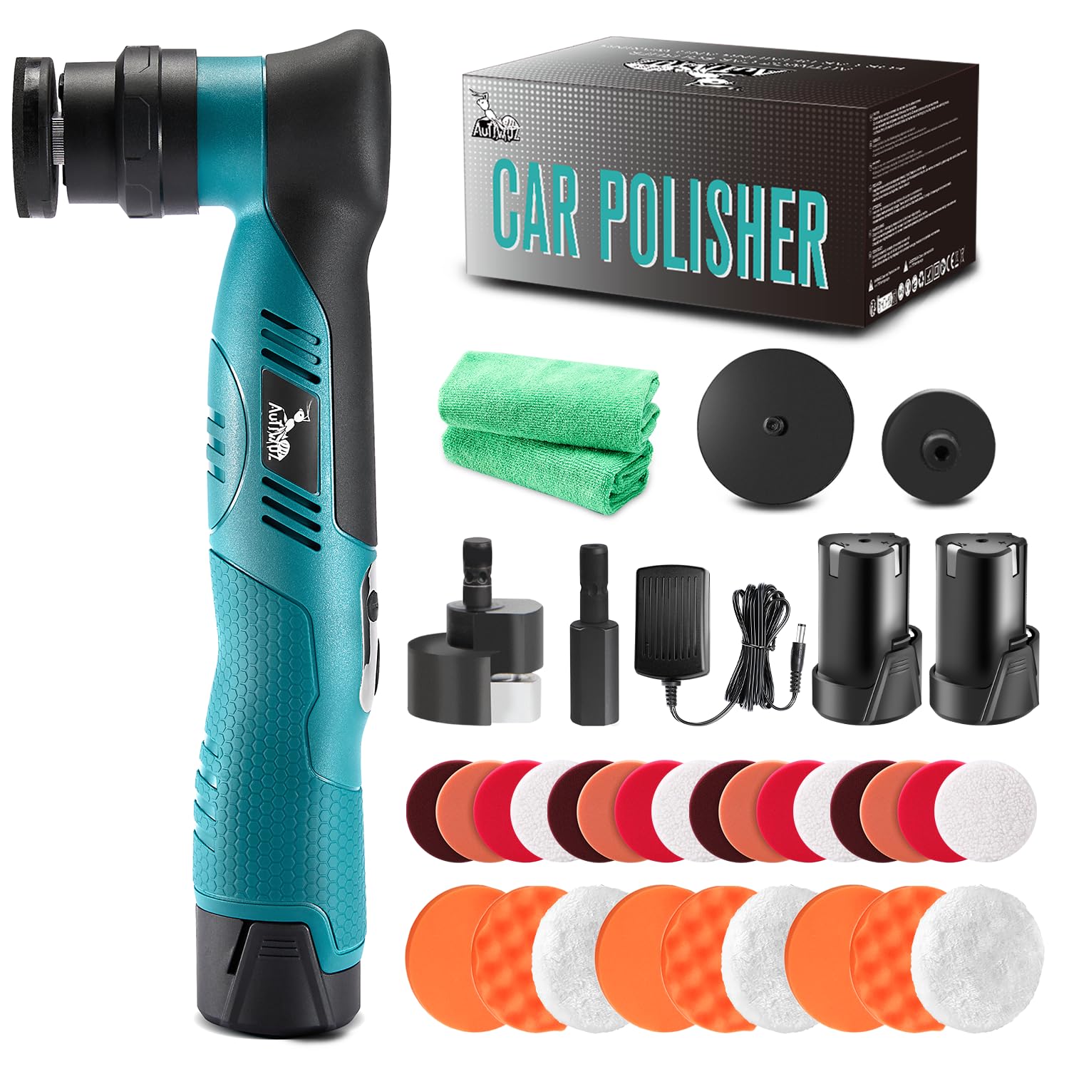 AUTIWOZ Cordless Mini Car Polisher Buffer, 6 Speeds, 2Pcs 2000mAh 1/3inch Orbital and Rotary Fast Change Polisher for Car Detail