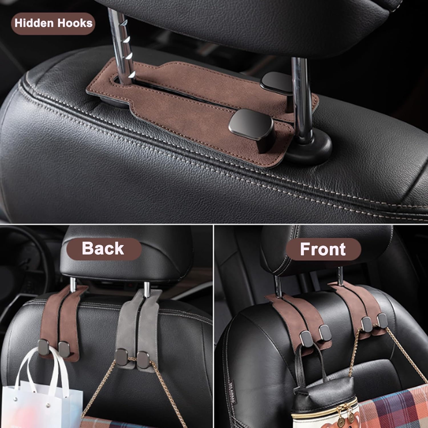 Amelity Headrest Hooks, Car Seat Back Hooks For Car, Car Seat Back Double Hook Leather, Purses Hooks For Car (Brown-4 Pack)