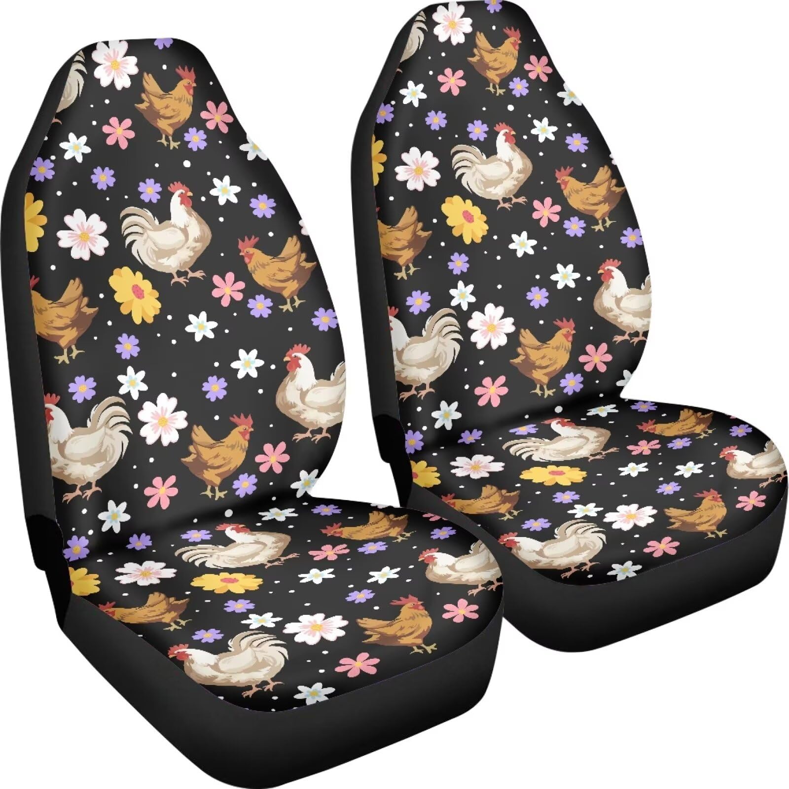 FUIBENG Car Seat Covers Set of 2, Breathable Polyester Protector, Groovy Flower and Chicken Design, Universal Fit for Front Seats