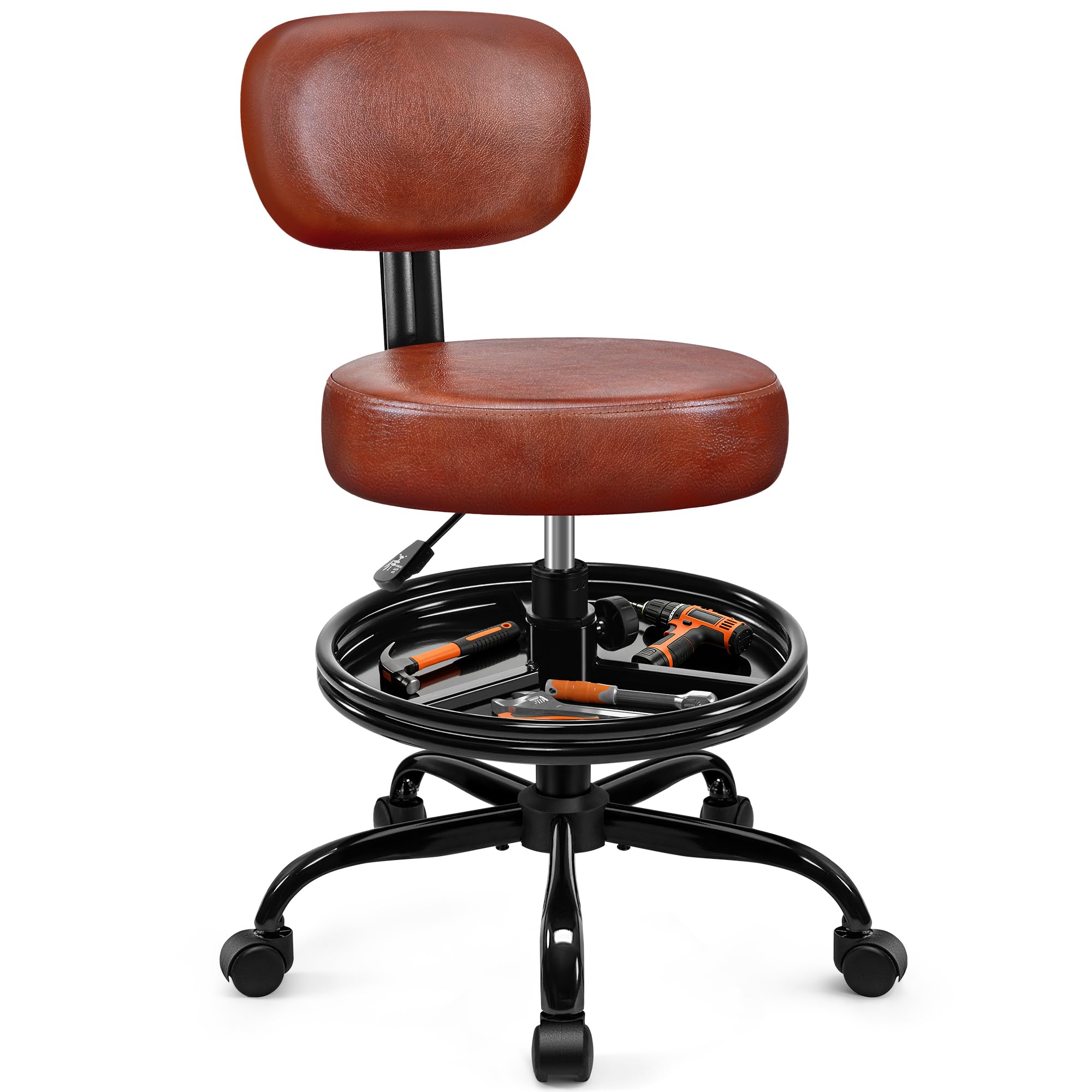 Shop Stool with Wheels for Garage, Mechanics Rolling Chair with Backrest, Adjustable Height Heavy Duty Garage Stool with Footres