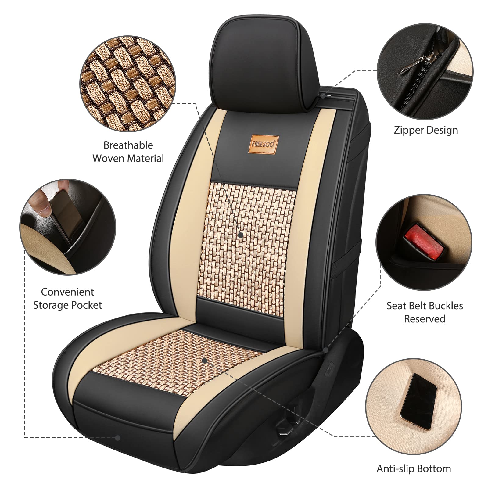 Freesoo Car Seat Cover Full Set, Leather Seat Covers Accessories Waterproof Cushion Universal Fit 5 Seats Sedan Suv Pick-Up Truc