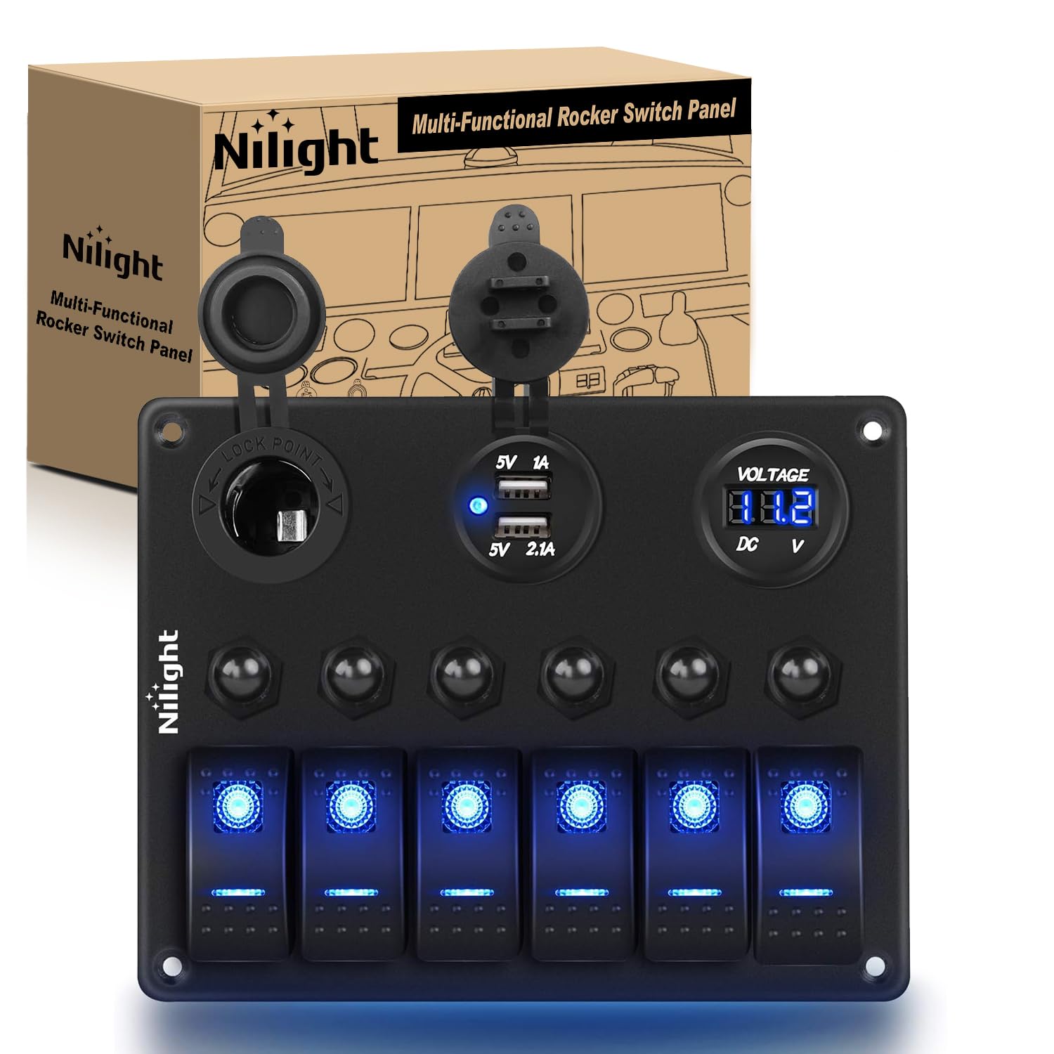 Nilight 6 Gang On Off Rocker Switch Panel 12V Voltmeter Dual Usb Charger Cigarette Lighter Socket For Rv Truck Boat , 2 Years Wa
