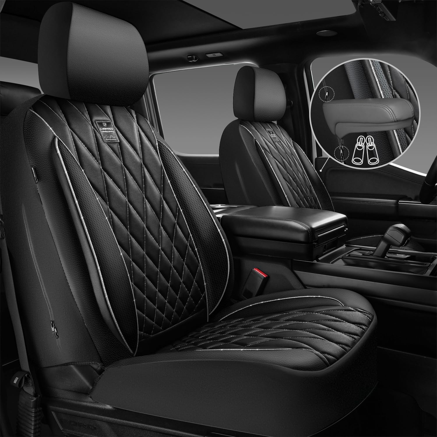 Car Pass Piping Luxury Leather Two Front Car Seat Covers,Silver Glitter Waterproof Seat Cover Compatible With Front Seat Armrest