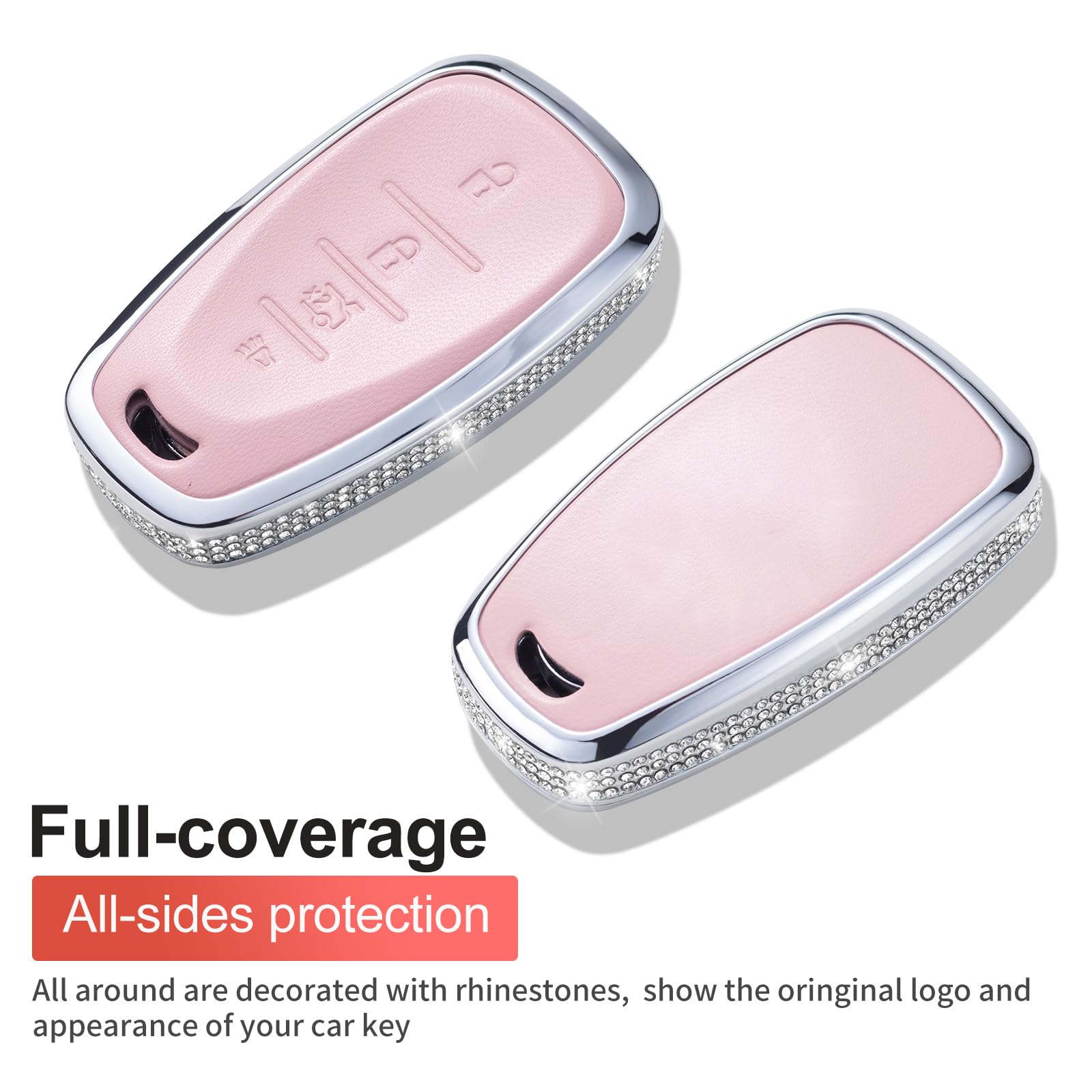 Ruabiban For Chevy Chevrolet Key Fob Cover With Keychain, Pink Leather Key Case Protection Shell Fit For Equinox Malibu Cruze Ca
