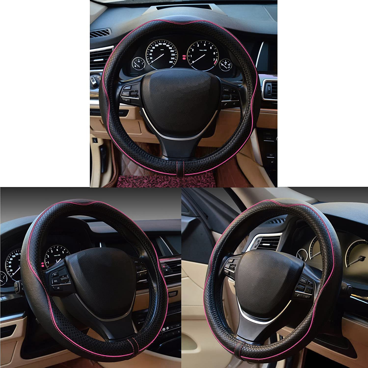 Rsept Car Steering Wheel Cover, Heavy Duty Leather, Anti-Slip, Sports Style, Black with Pink Line, Model 131