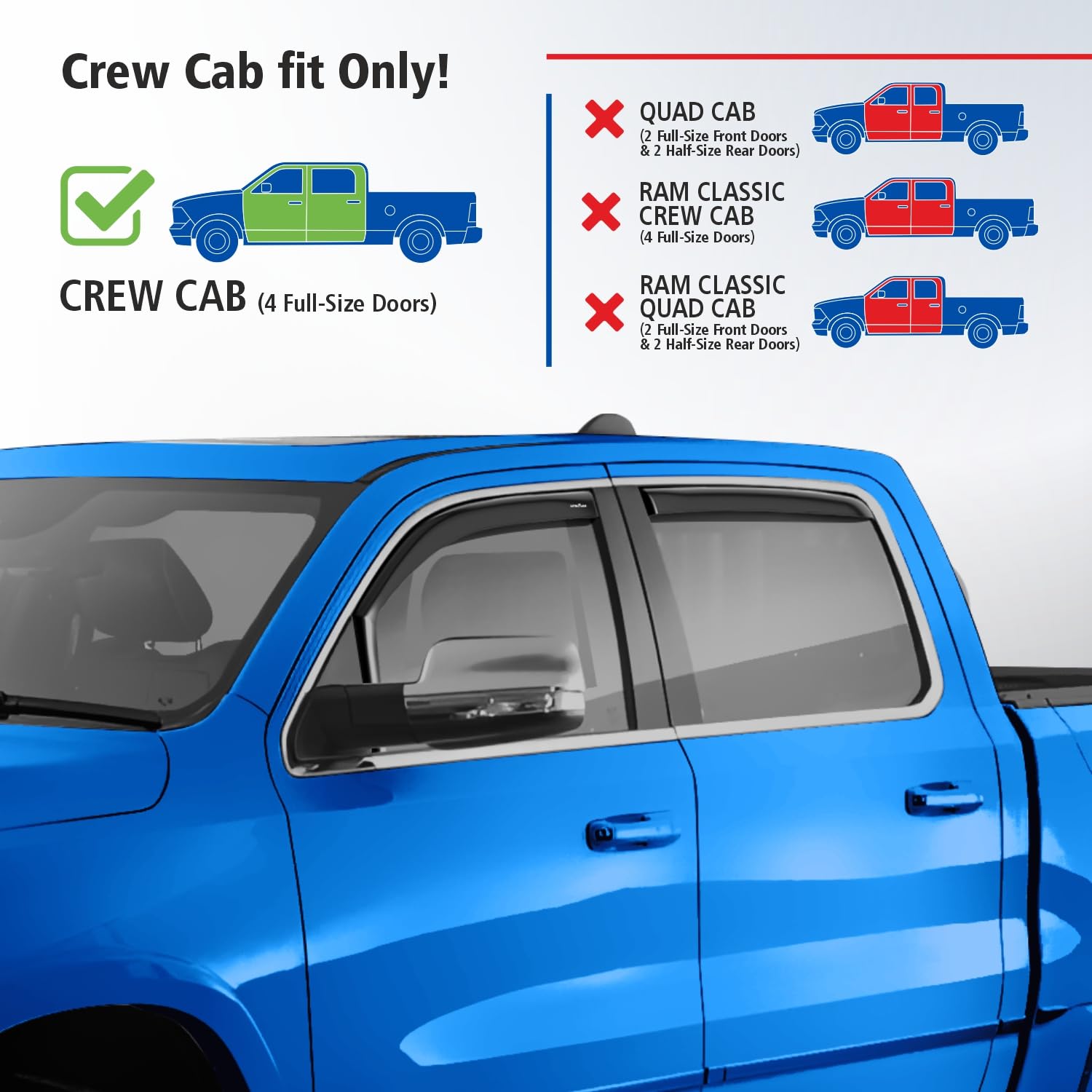 Goodyear Shatterproof In-Channel Window Deflectors for 2019-2023 Dodge RAM 1500 Crew Cab, Premium Smoke, 4 pcs