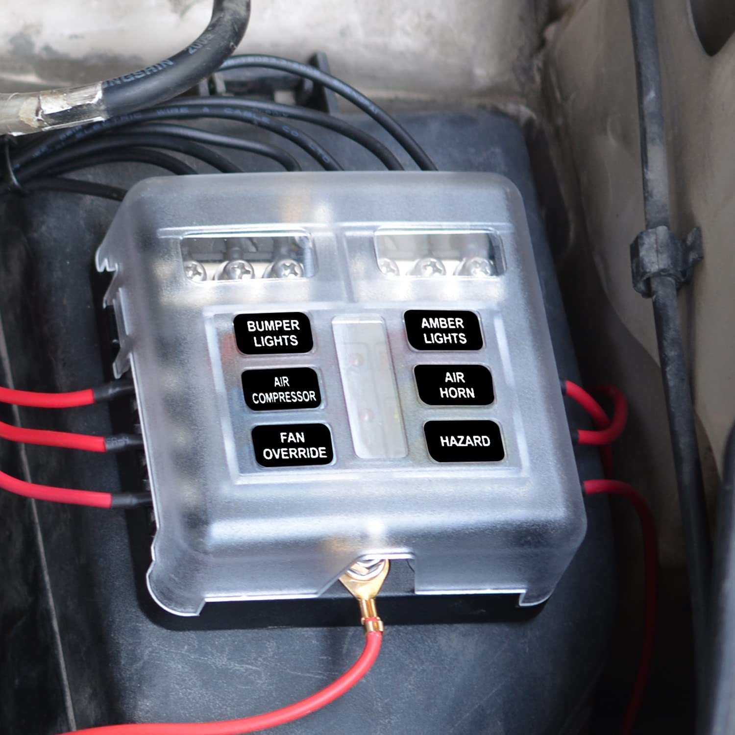 WUPP Waterproof 12 Volt Fuse Block Panel - 6 Circuits, LED Indicator, Nickel-Plated Copper, Model CS-664A1, Screw Terminal