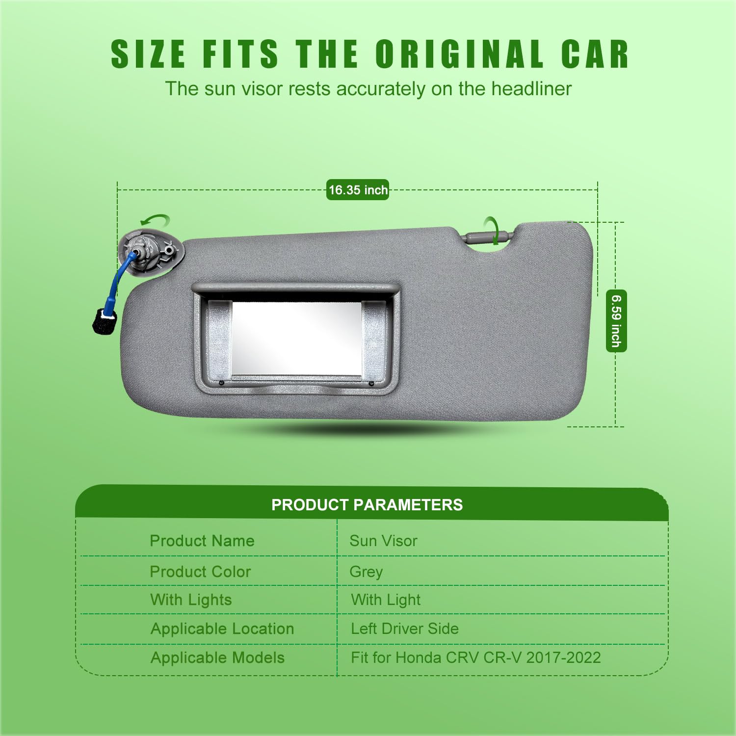 UMISHI Left Driver Side Sun Visor for Honda CRV 2017-2022, Grey, Plastic, with Vanity Light & Makeup Mirror, Model XIRIEH045