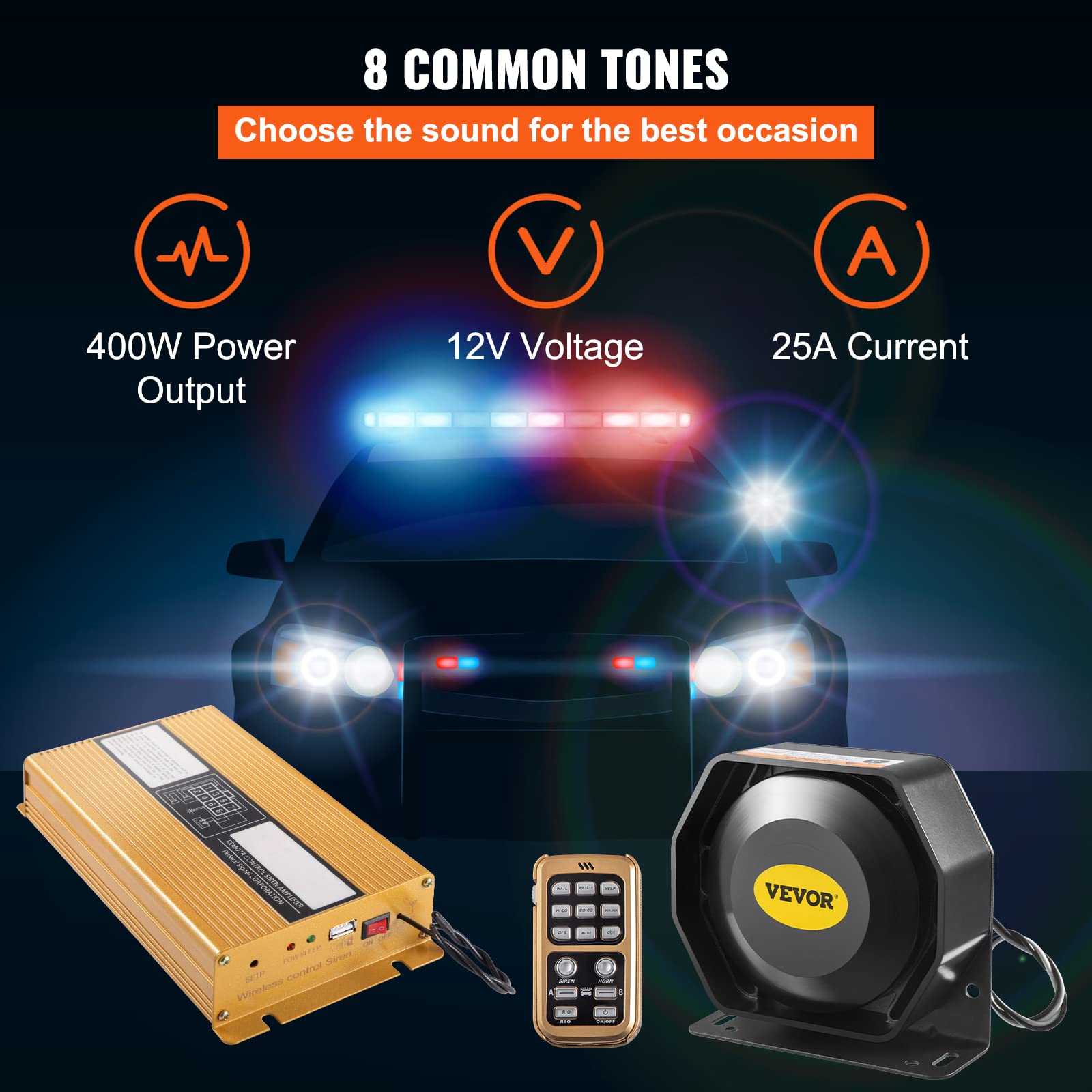 VEVOR Police Fire Emergency Warning Alarm, 400W 8 2 Horn, Black
