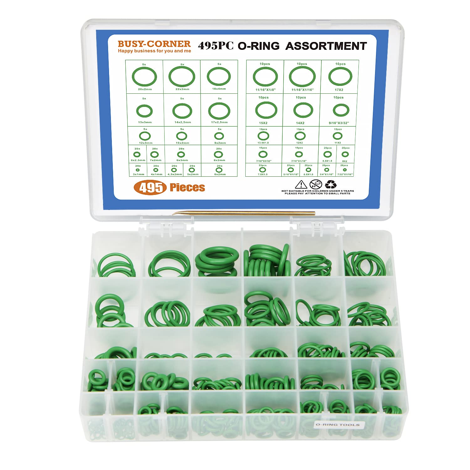 BUSY-CORNER 495 Pieces SAE Metric O Ring Kit with O-Ring Pick & Installation Tools Rubber Washer Orings for A/C Professional Plu
