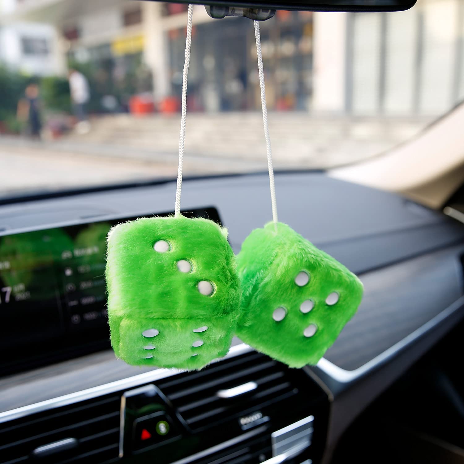 YGMONER Plush Fuzzy Dice for Car Decoration - Retro Square Design, Green Fabric, Hanging Couple Style