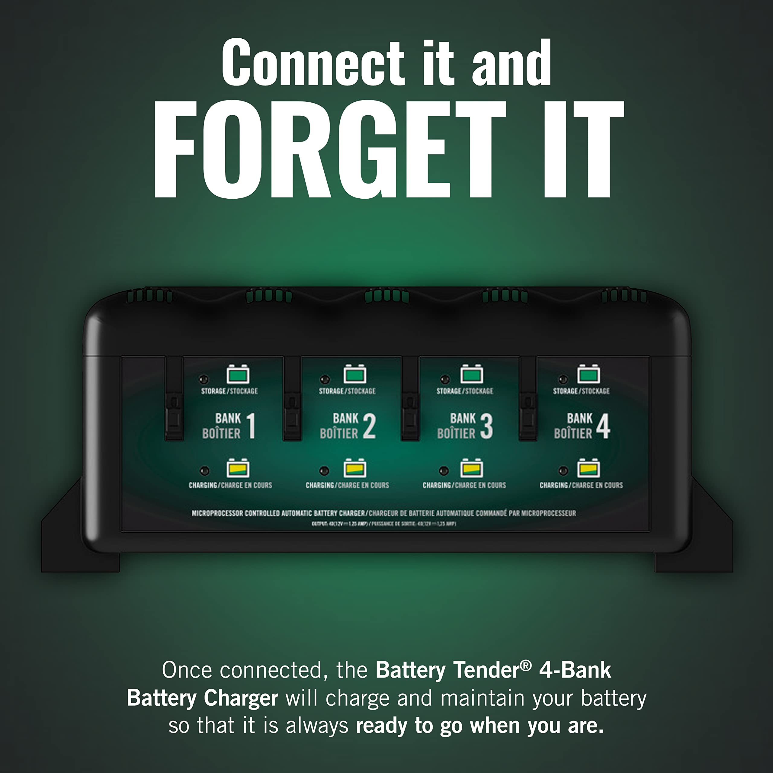 Battery Tender Plus 4-Bank Smart Charger - 5 AMP - Black/Green - 12V Multi Battery Charger for Standard, AGM, Lithium - Model 022-0148-DL-WH