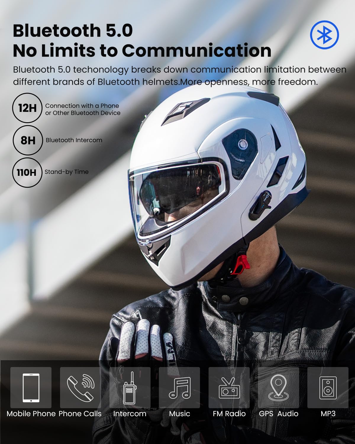 Ilm Bluetooth Integrated Modular Flip Up Full Face Motorcycle Helmet Sun Shield Mp3 Intercom Model 953 (S, Matte Black)