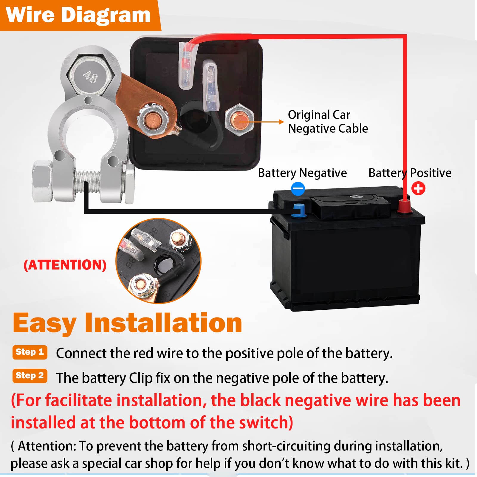 FEITON Remote Battery Disconnect Switch 200A Anti-Theft Isolator DC12V Black Negative Wire