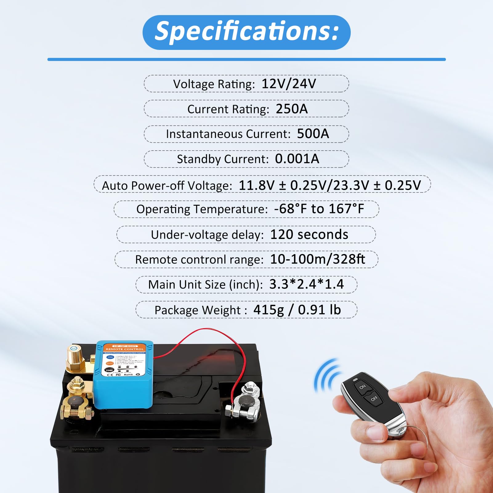 250A Kill Switch for Car, 12V/24V Remote Battery Disconnect Switch Automatic Power Shut/Cut Off Protection Smart Voltage Protect