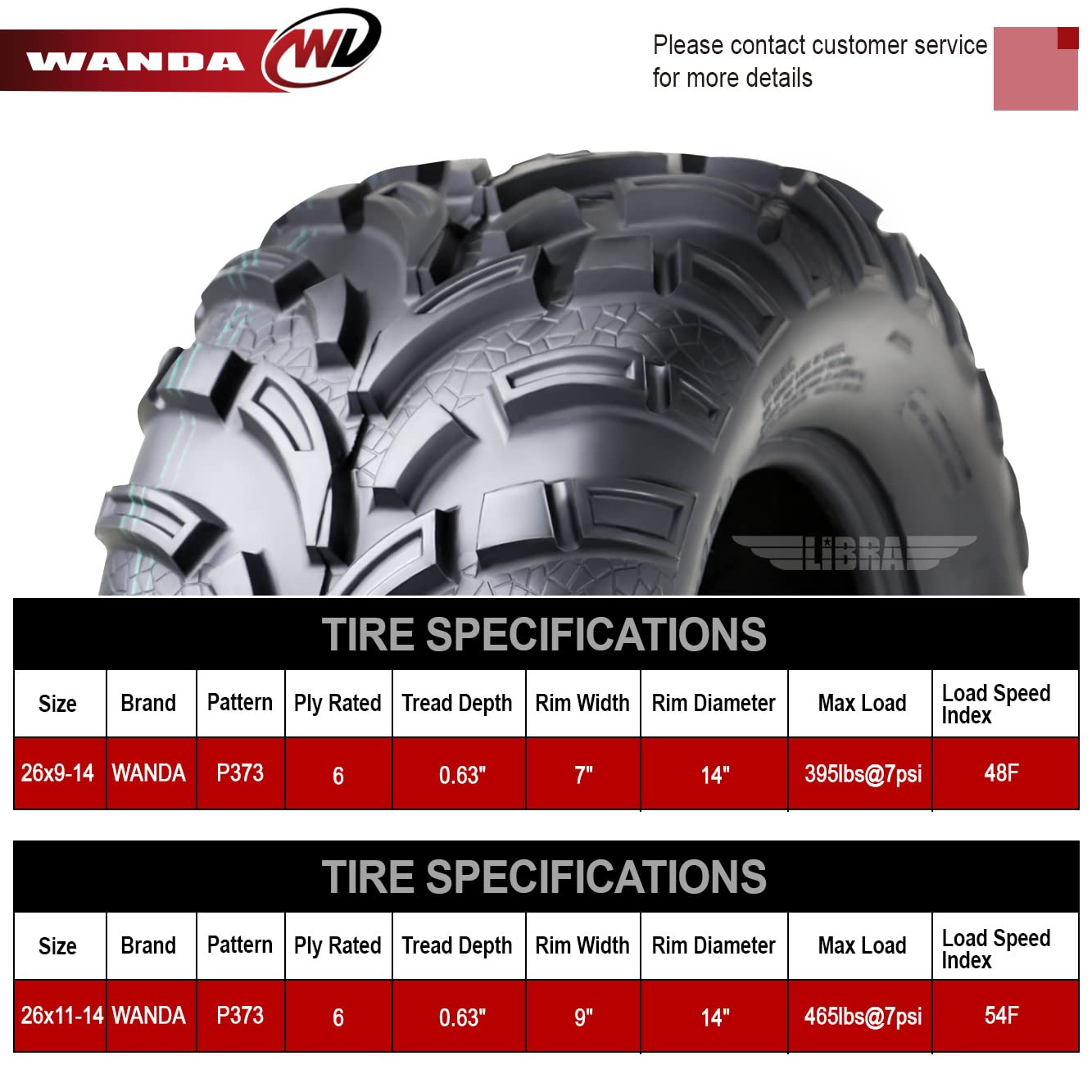 Wanda Set Of 4 Atv Utv Tires 26X9-14 Front & 26X11-14 Rear 6Pr Mud