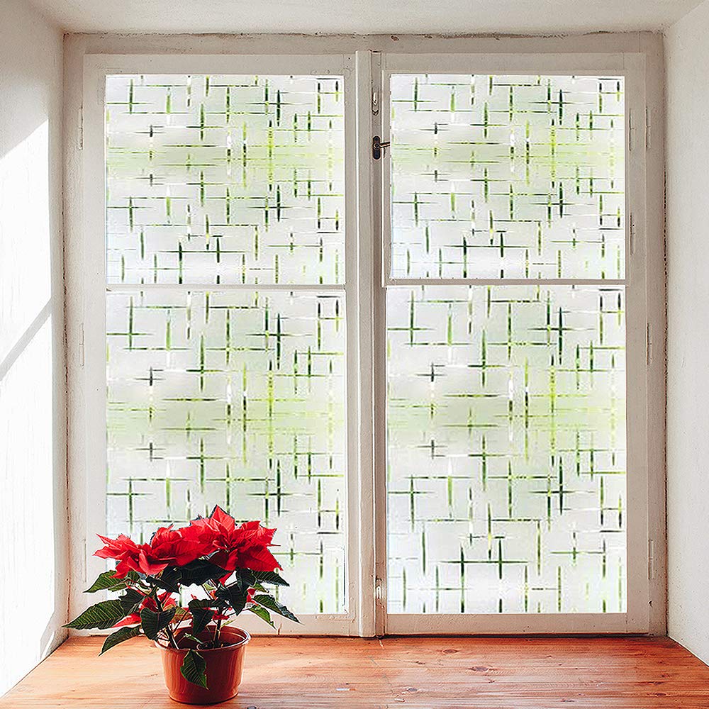 Finnez Frosted Window Film - Non-Adhesive Privacy Film, UV Protection, Cross Pattern, 17.5'' x 78.7''