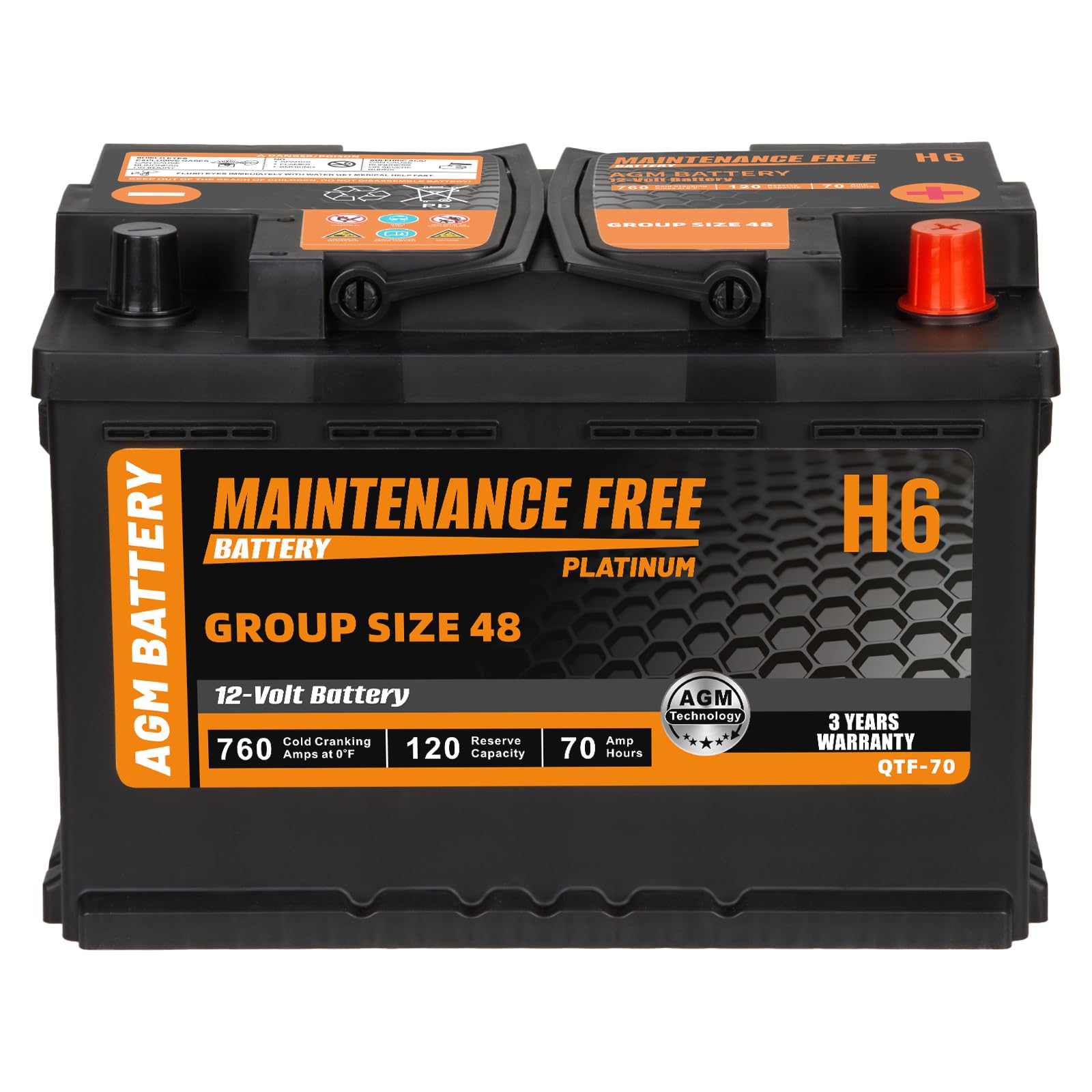 Autocessking H6 Group Size 48 Start and Stop AGM Automotive Battery, 12V 70Ah, 760 CCA, 120 RC Rechargeable Car Battery