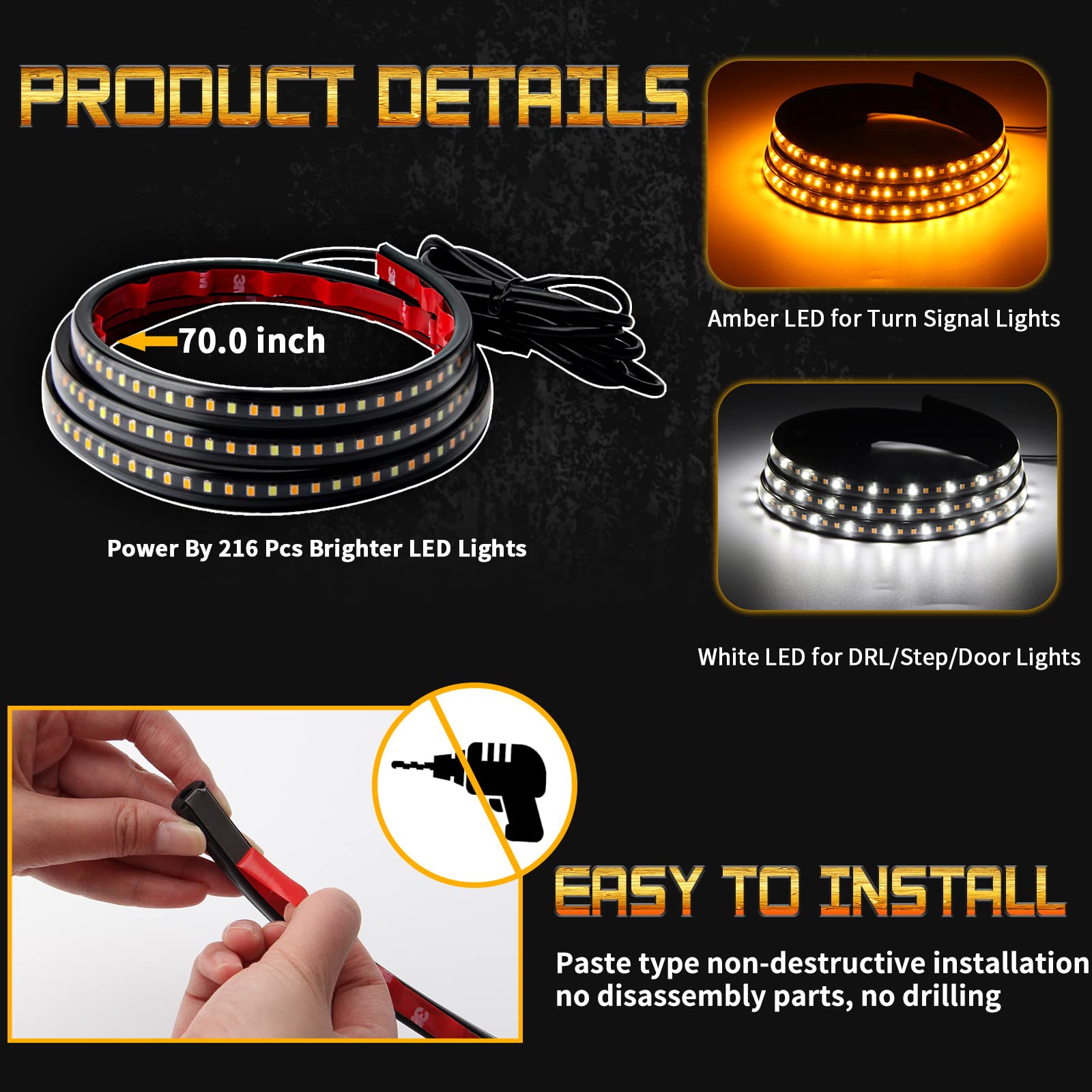 Opl5 2Pcs Truck Led Running Board Lights Sequential Amber Side Marker Light 70 Inch Emergency Extended Crew Cab 216 Leds Waterpr
