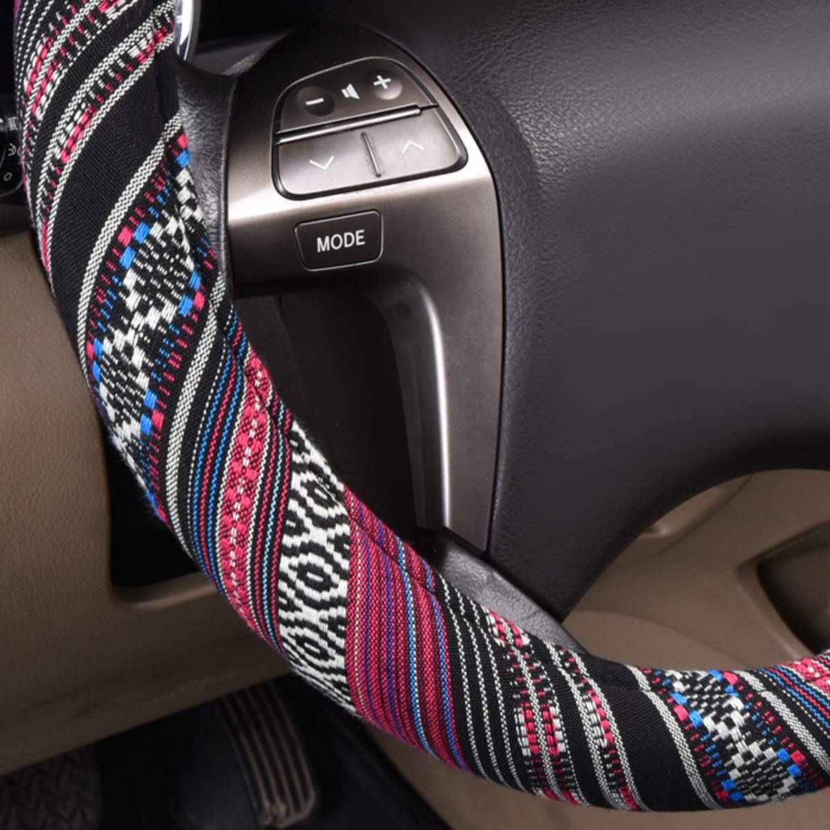 CAR PASS Boho Ethnic Flax Cloth Steering Wheel Cover, Anti-Slip, Fits 14.5-15 inches, Universal for Cars, SUVs, Vans