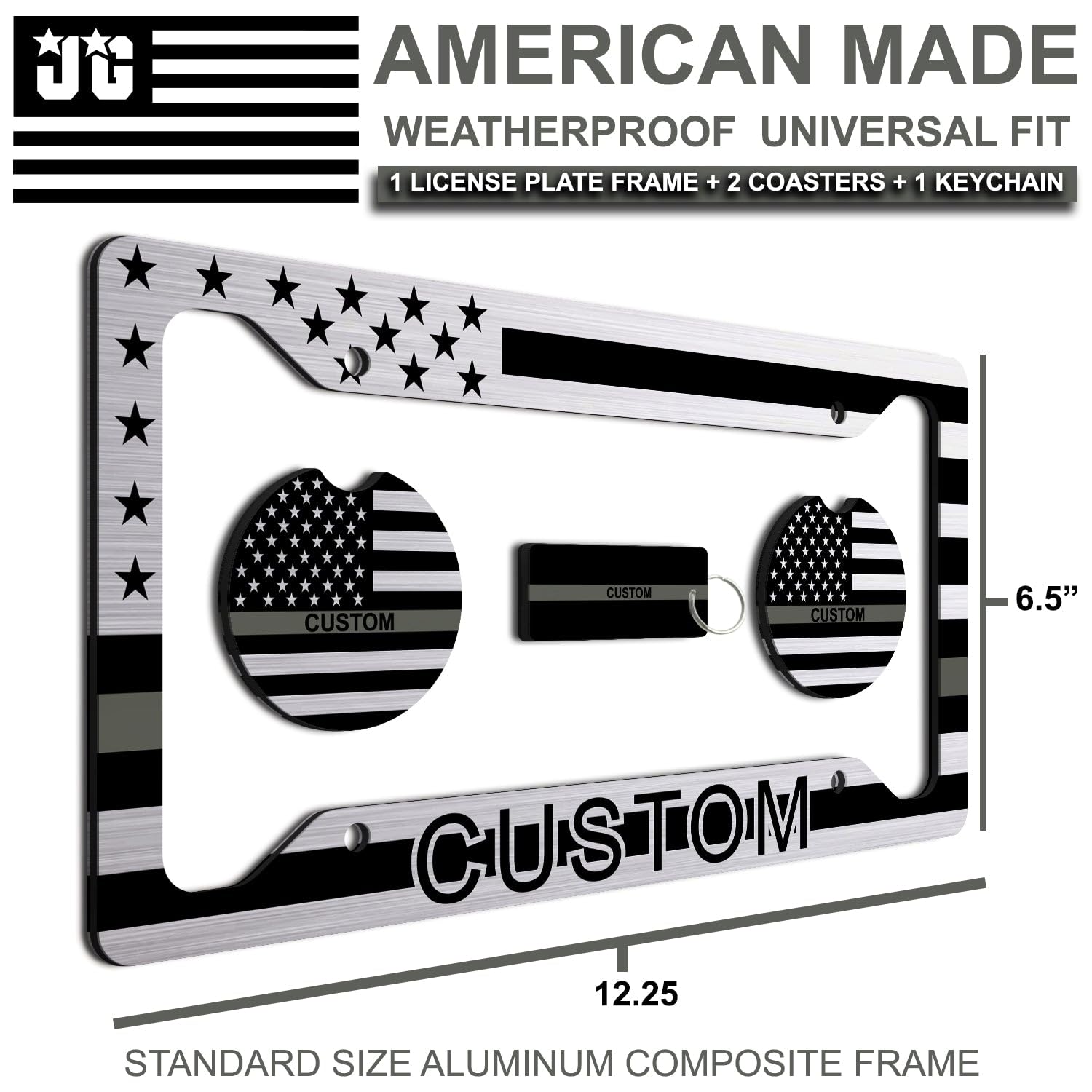 Thin Gray Line - Personalized American Flag License Plate Frame + 2 Coasters And A Keychain