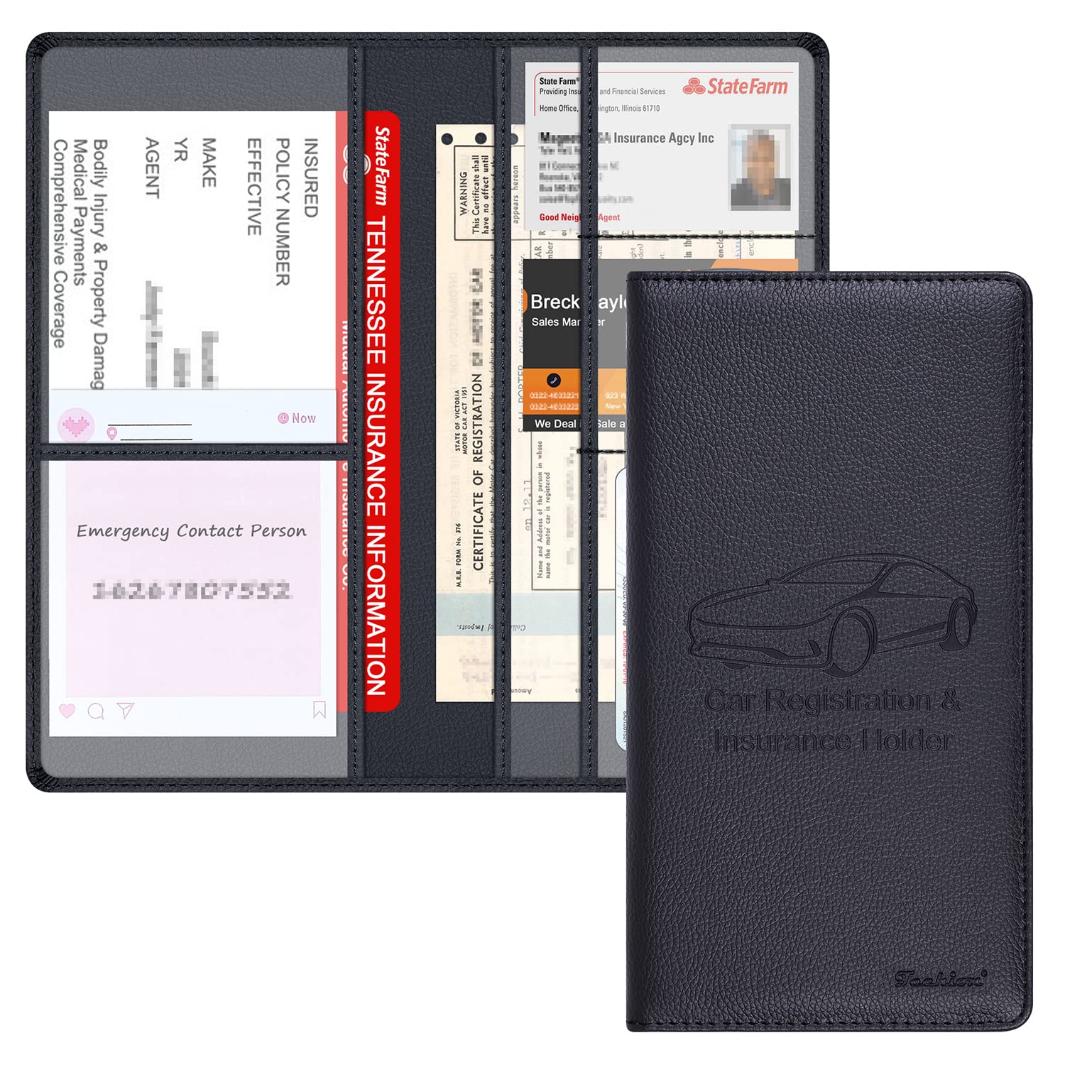 Techion Car Insurance And Registration Holder, 9.5 X 5 Inch Pu Leather Vehicle Glove Box Organizer Wallet Case For Insurance Card, Driver License, Paperwork - Black