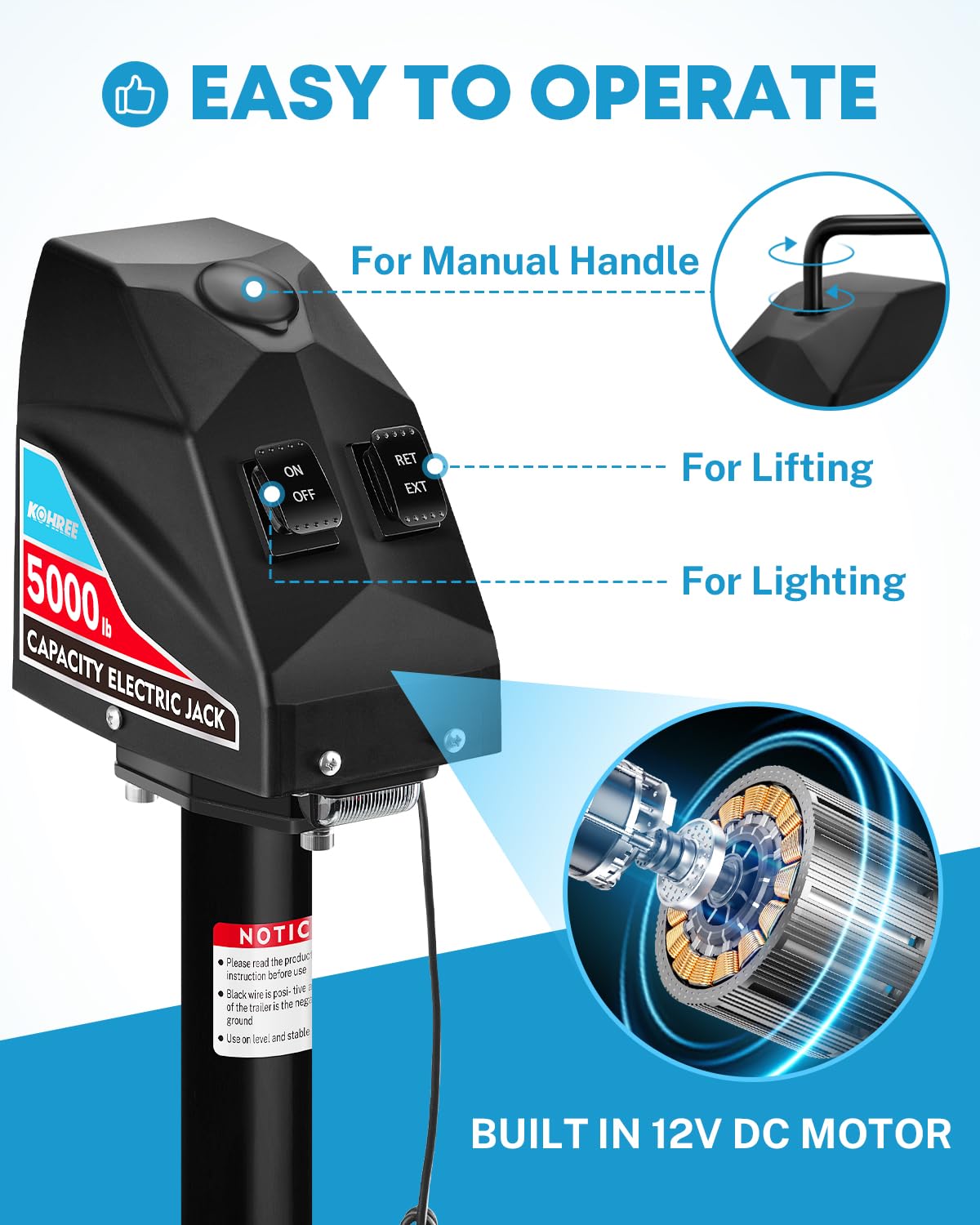 Kohree Electric Trailer Jack 5000Lbs, Heavy Duty A-Frame Electric Power Tongue Jack With Waterproof Cover & Led Light For Travel