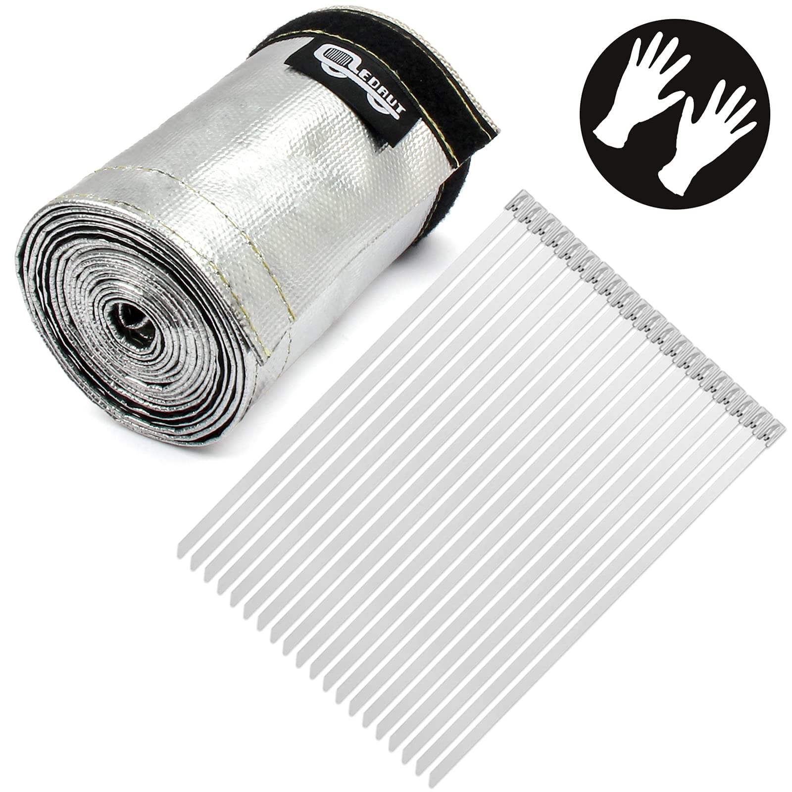 Heat Shroud Sleeve Aluminized 2 Pcs For Ultimate Heat Protection Hose Wire Shield 1-1/2''I.D. X 10Ft, With 20 Pcs 7.8Inch Stainless Steel Cable Metal Zip Ties