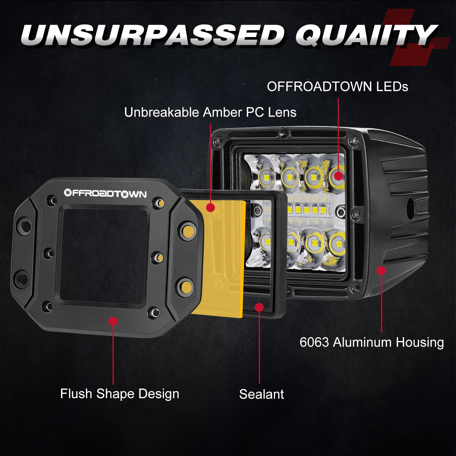 OFFROADTOWN 5" Amber LED Flush Mount Pods, 78W Spot Flood Combo Lights for Truck, Jeep, UTV, ATV, SUV - Model 708008A