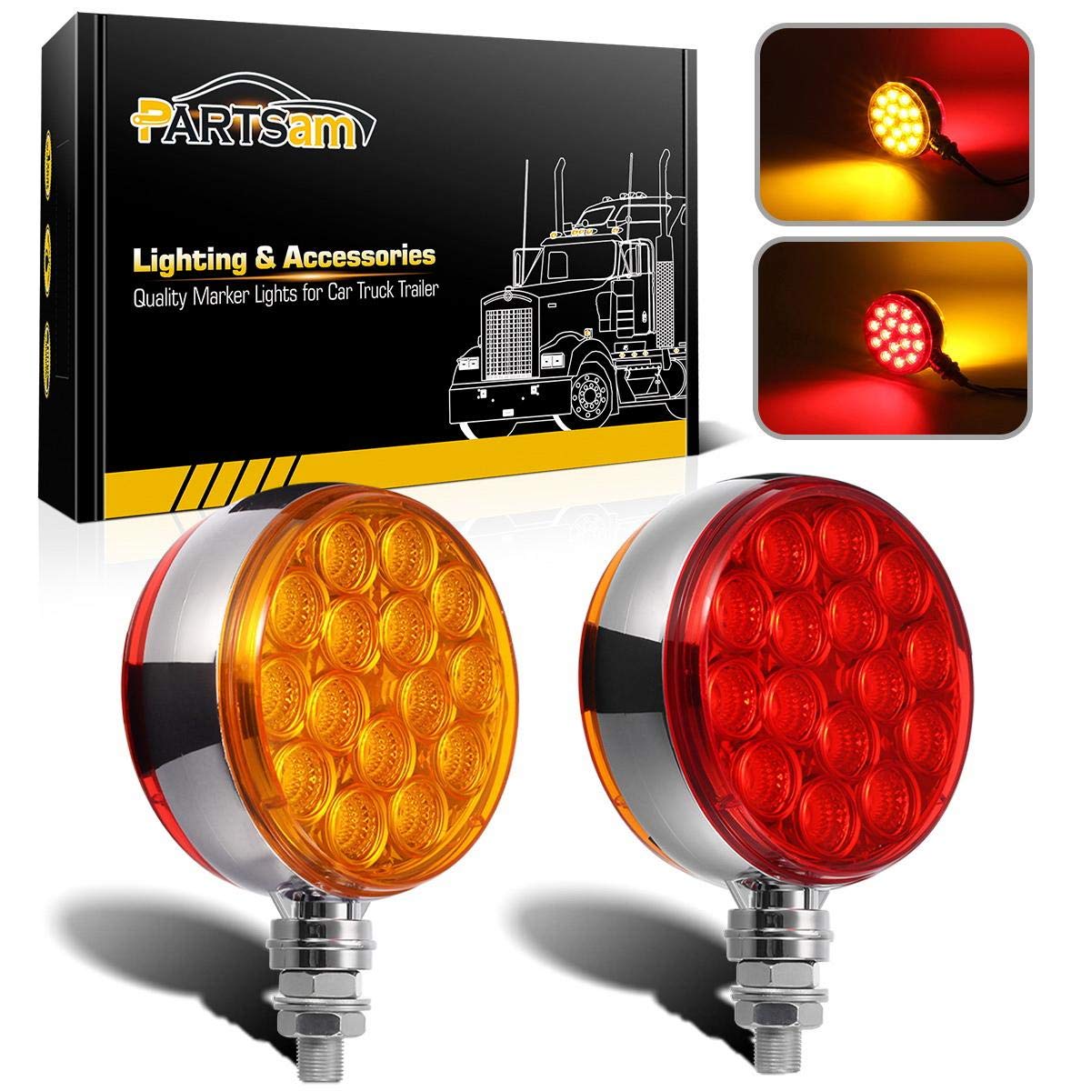 Partsam 2Pc 3'' Round Double Face Red/Amber 30 Led Pedestal Fender Lights Turn Signal Chrome Miro-Reflex Sealed Replacement For 