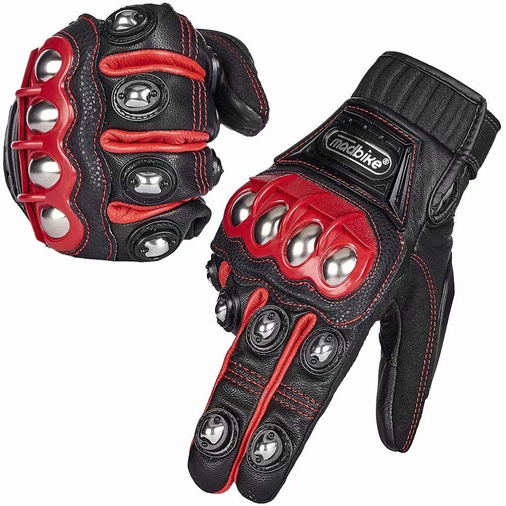 Ilm Alloy Steel Leather Hard Knuckle Touchscreen Motorcycle Bicycle Motorbike Powersports Racing Gloves (L, (Leather) Red) Model