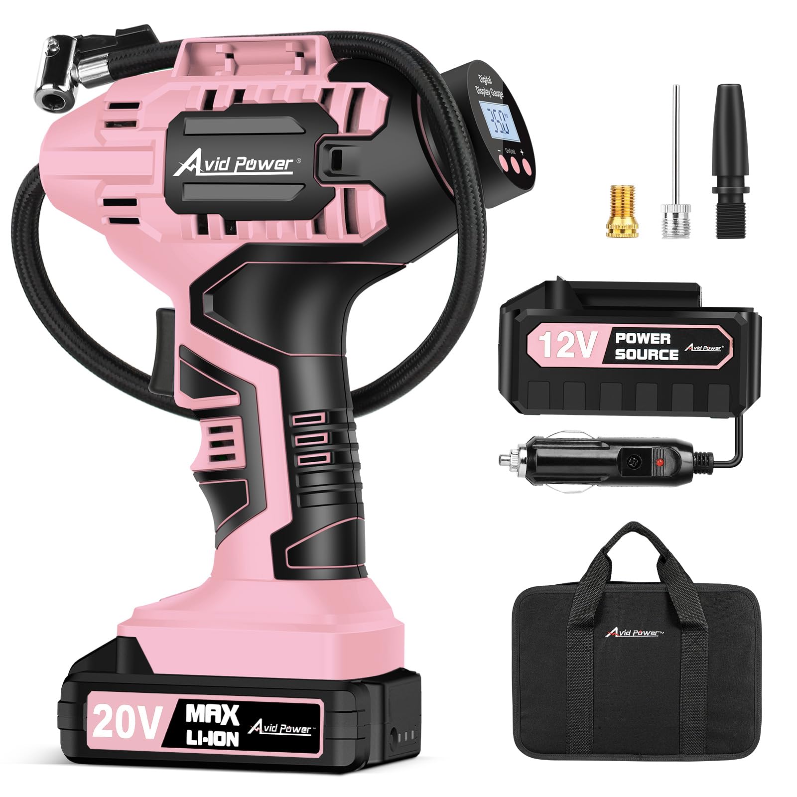 Avid Power Tire Inflator Air Compressor, 20V Cordless Car Portable Tire Pump W/Rechargeable Li-Ion Battery W/ 12V Dc Adapter, Di