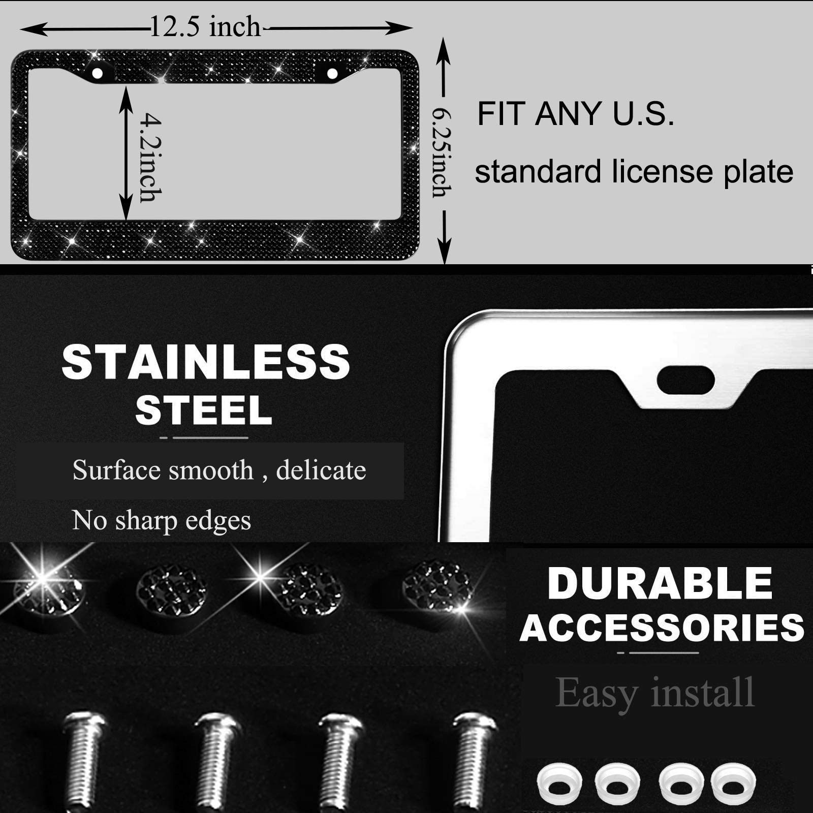 Shering Bling 2 Pack License Plate Frame With Premium Gift Box 1200Pcs Rhinestones For Women (Black Rhinestones)