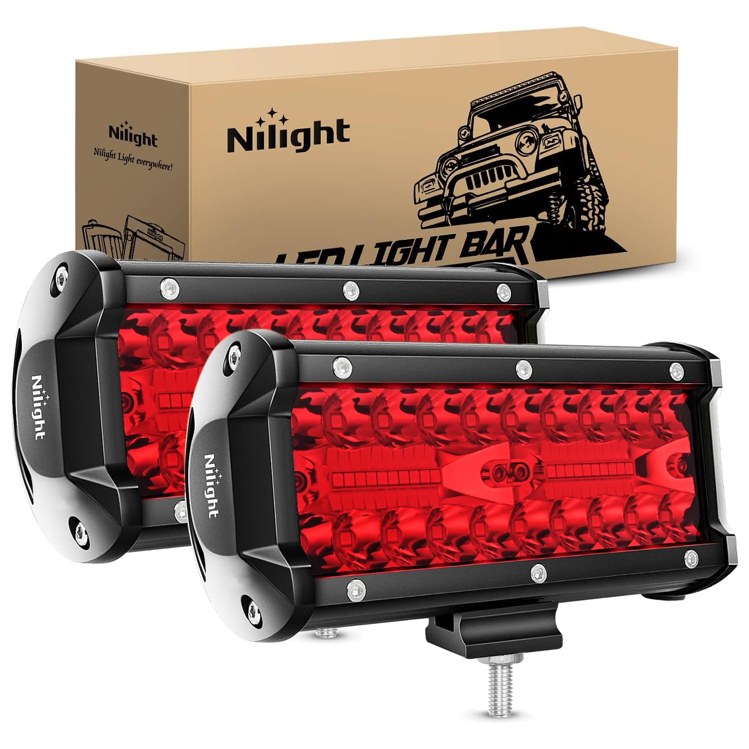 Nilight 6.5 Inch Led Light Pod Red Triple Row 2Pcs 120W Flood Spot Combo Driving Fog Lights Fishing Hunting Emergency Safety Sig