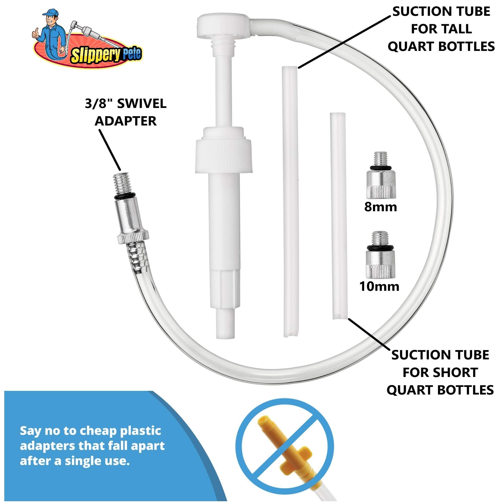 Slippery Pete Lower Unit Gear Oil Pump for Quart Bottles, Chrome Metal Swivel Adapter, Includes 8mm/10mm Adapters, Model 573B164