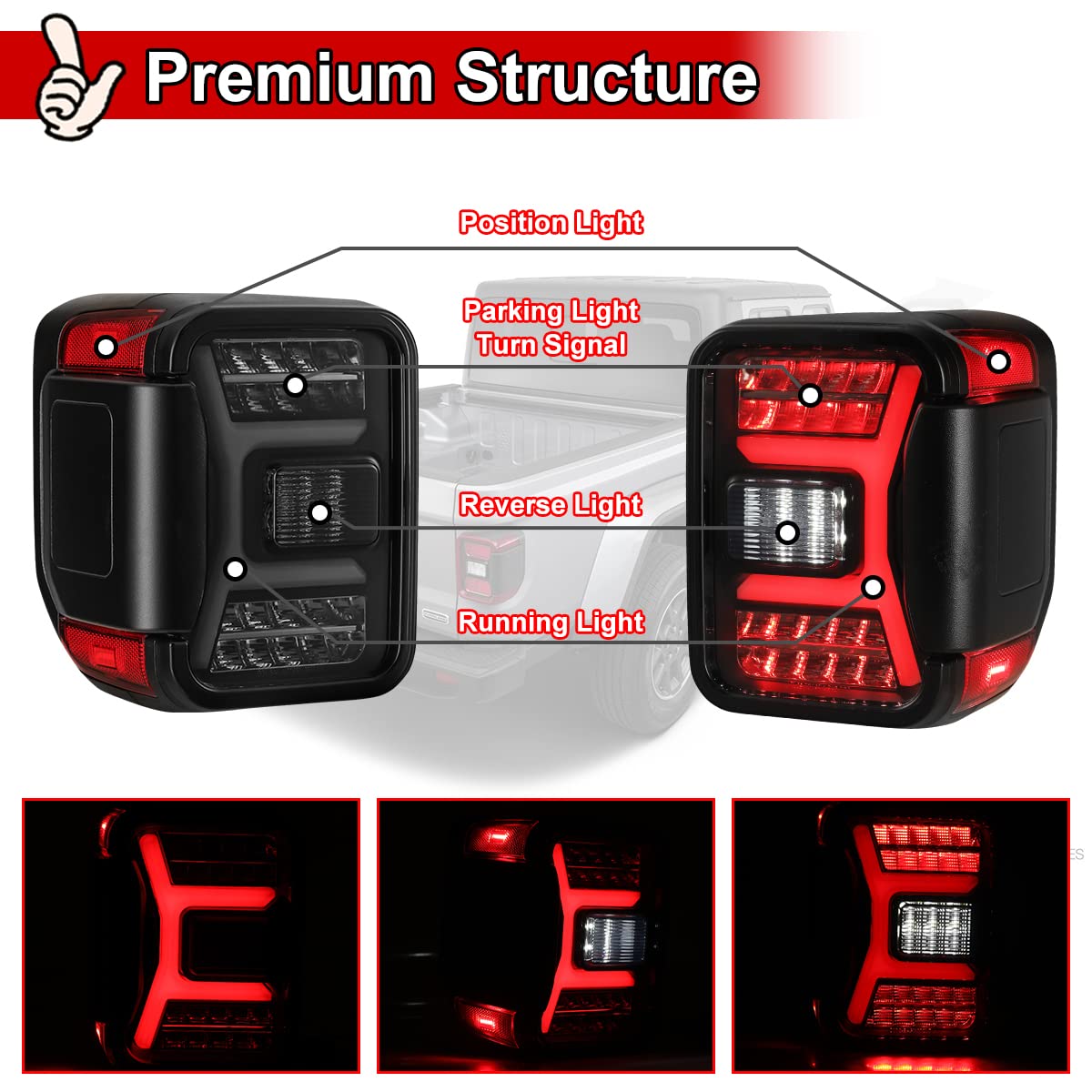 Nixon Offroad Jeep Gladiator JT Tail Lights - Sequential LED Rear Lamps, Matte Black Housing/Smoke Lens, Style 2, 2018-2023