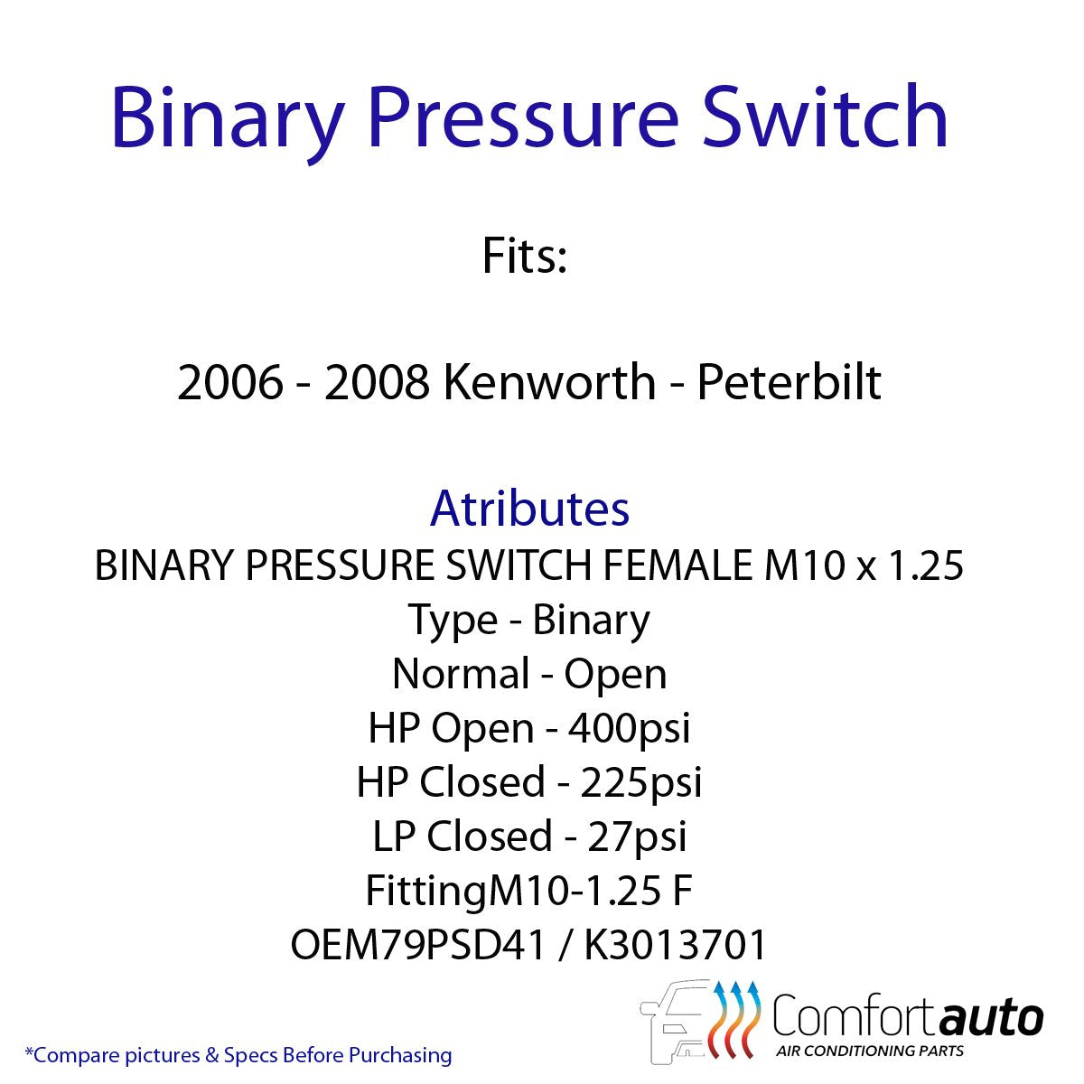 New Binary Pressure Switch Fits: 2006 - 2008 Kenworth - Peterbilt Replaces 79Psd4-1