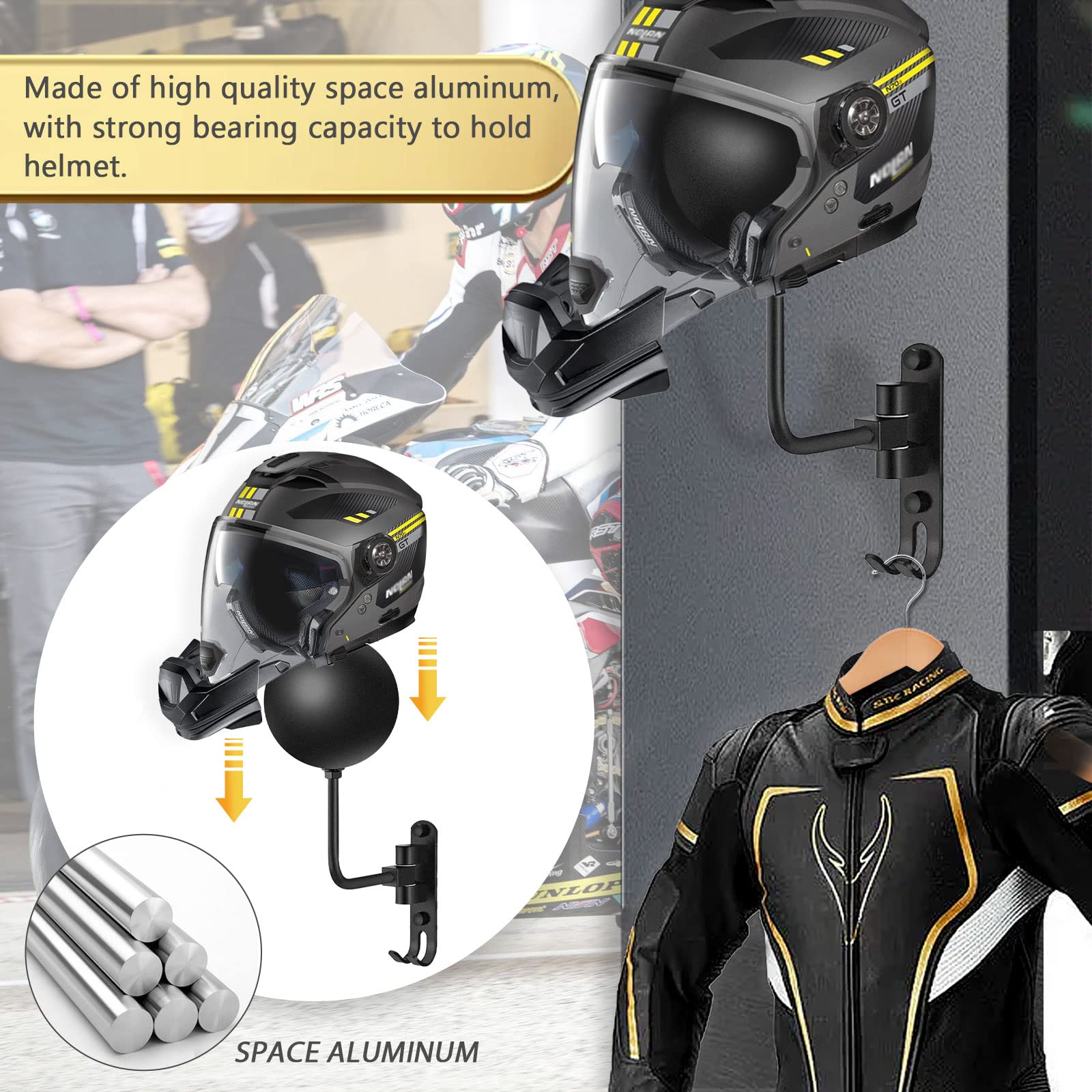 Kikerike Motorcycle Helmet Rack Wall Mount - 180° Rotation Metal Holder, Black, 2 Pcs, Ideal for Bike, Baseball & Rugby Helmets
