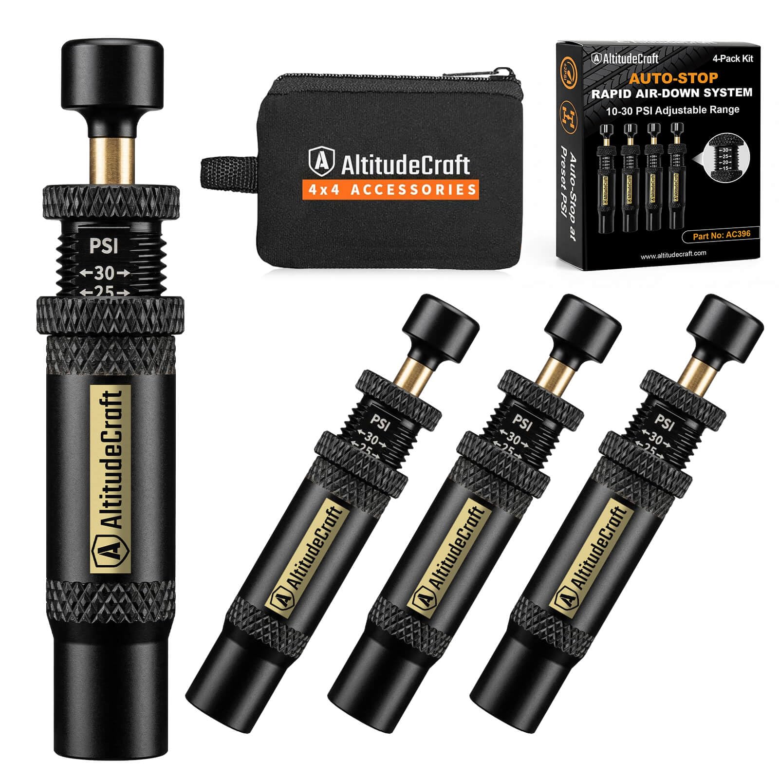Automatic Tire Deflator Kit 4-Pack (Auto-Stop 10-30 PSI) - Adjustable Air Down Tire Deflators for Off-Road Trucks SUV ATV UTV Ov