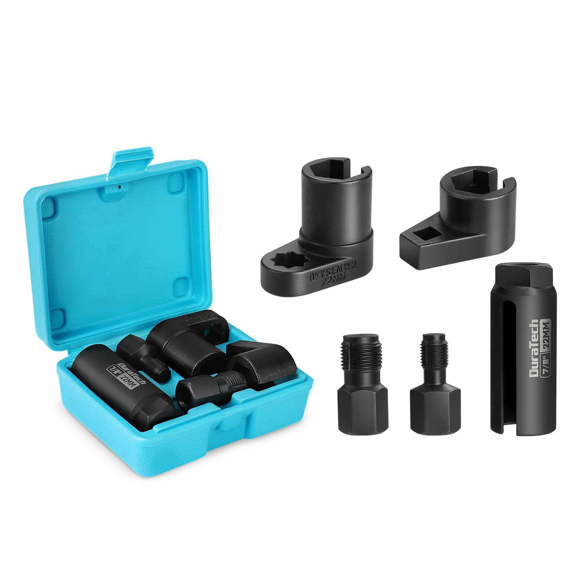 Duratech 5Pcs O2 Oxygen Sensor Socket Thread Chaser Set, 3/8'' 1/2'' Drive X 7/8'' 22Mm Oxygen Sensor Wrench Remover O2 Sensor R