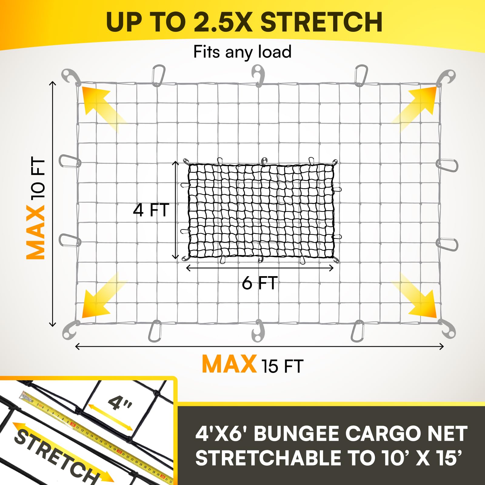 Cakubor Cargo Net For Pickup Truck Bed Suv, 4'X6' Stretches To 10'X15' Roof Rack Net, Small 4   X4    Mesh Heavy Duty Bungee Car