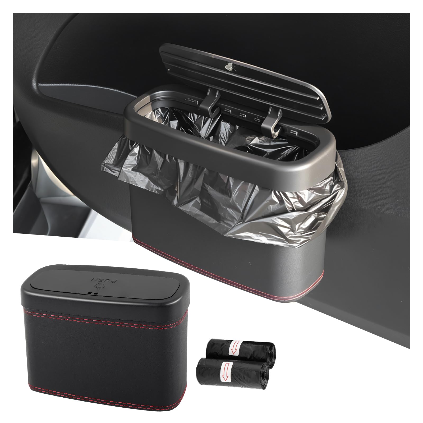 YGDMD Car Trash Can with Lid,PressTop Car Trash Bin with 30PCS Cars Trashs Bags,MultiFunction & Small Cars Garbage Can with Su