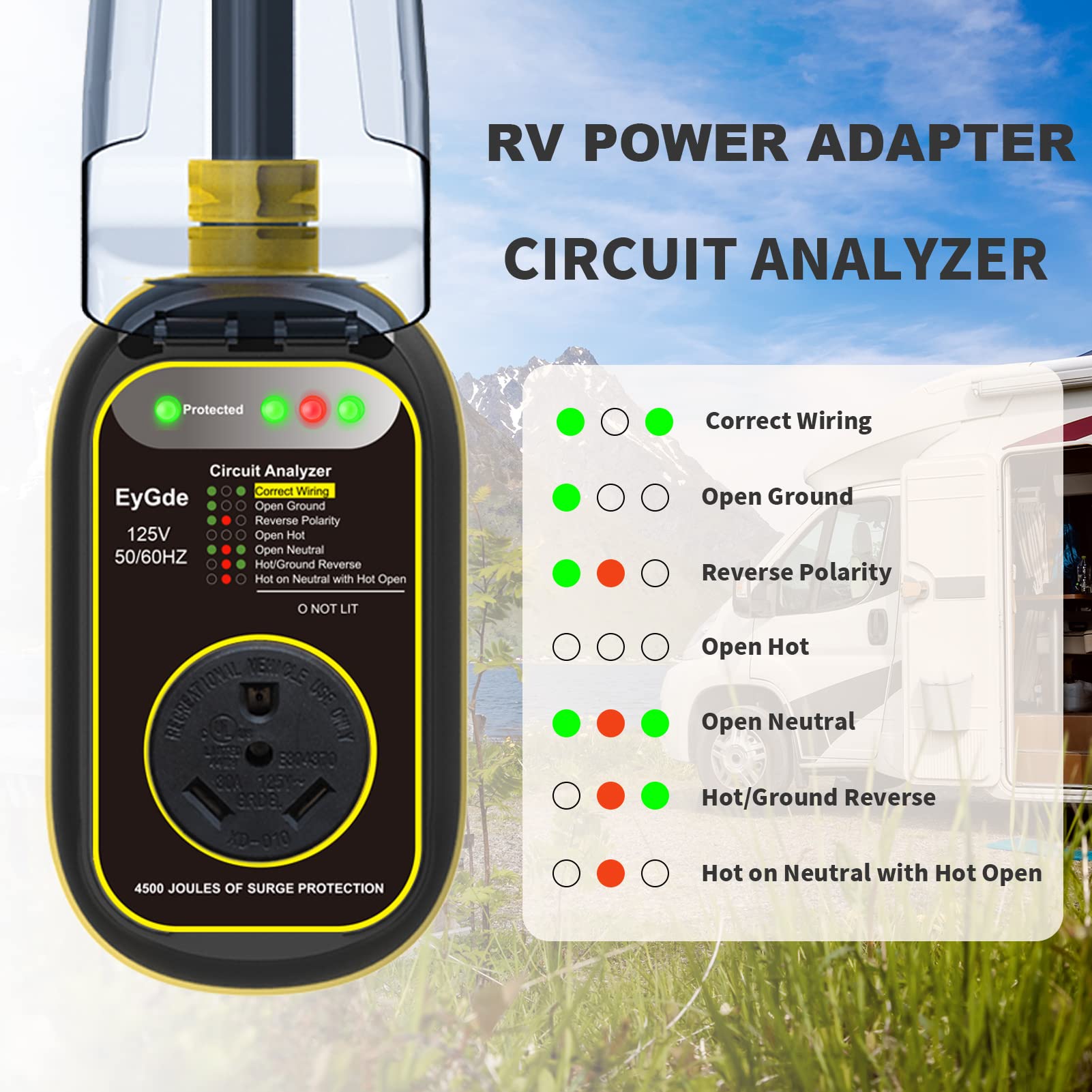 EyGde 30 Amp to 15 Amp RV Adapter with Surge Protector, Waterproof, 4500J, Model FC-19, Yellow, 15M/30F